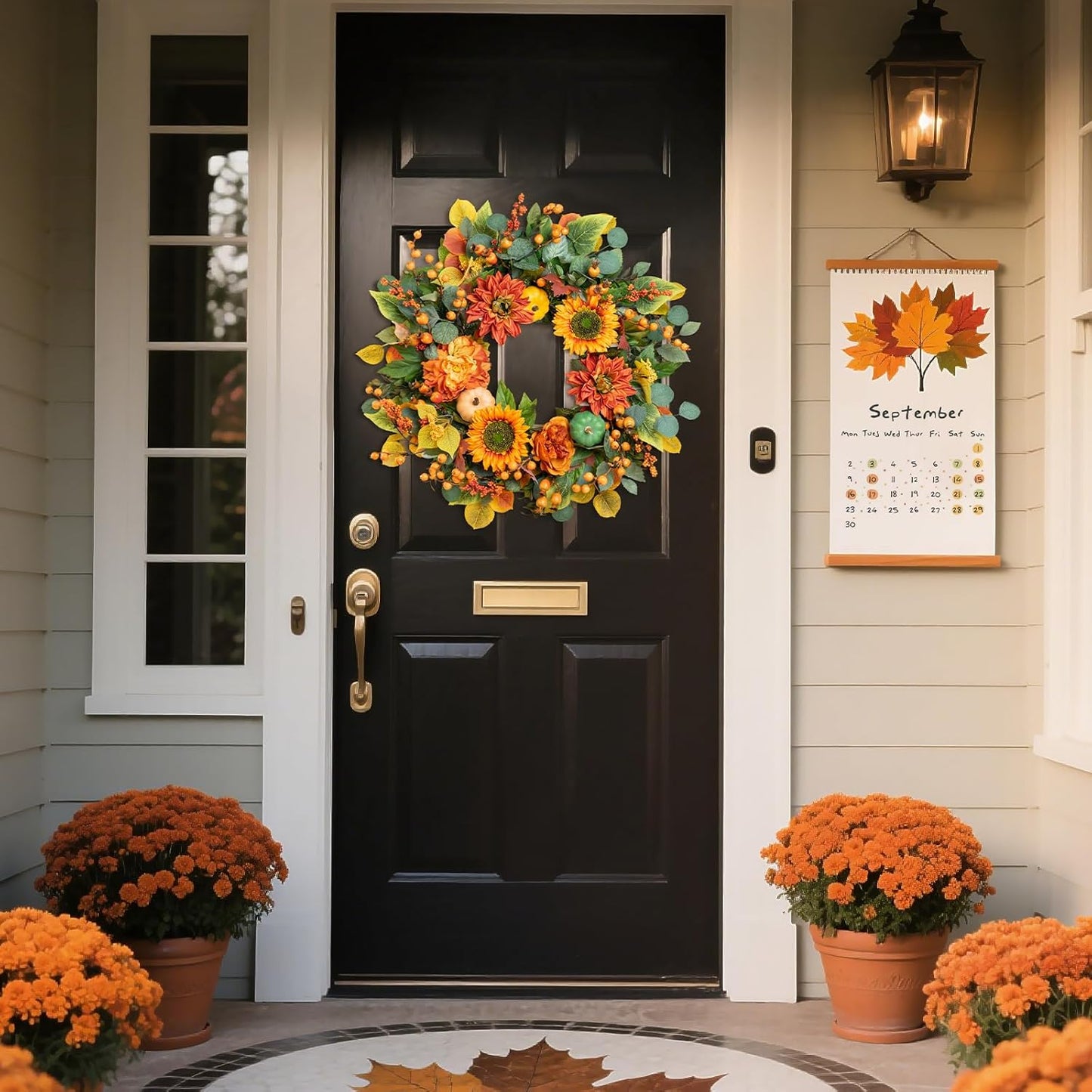 Fall Wreaths for Front Door 24 Inch Autumn Wreath with Sunflowers, Orange Dahlias, Maple Leaves & Berries – Fall Door Wreath for Outdoor or Indoor Thanksgiving Decor