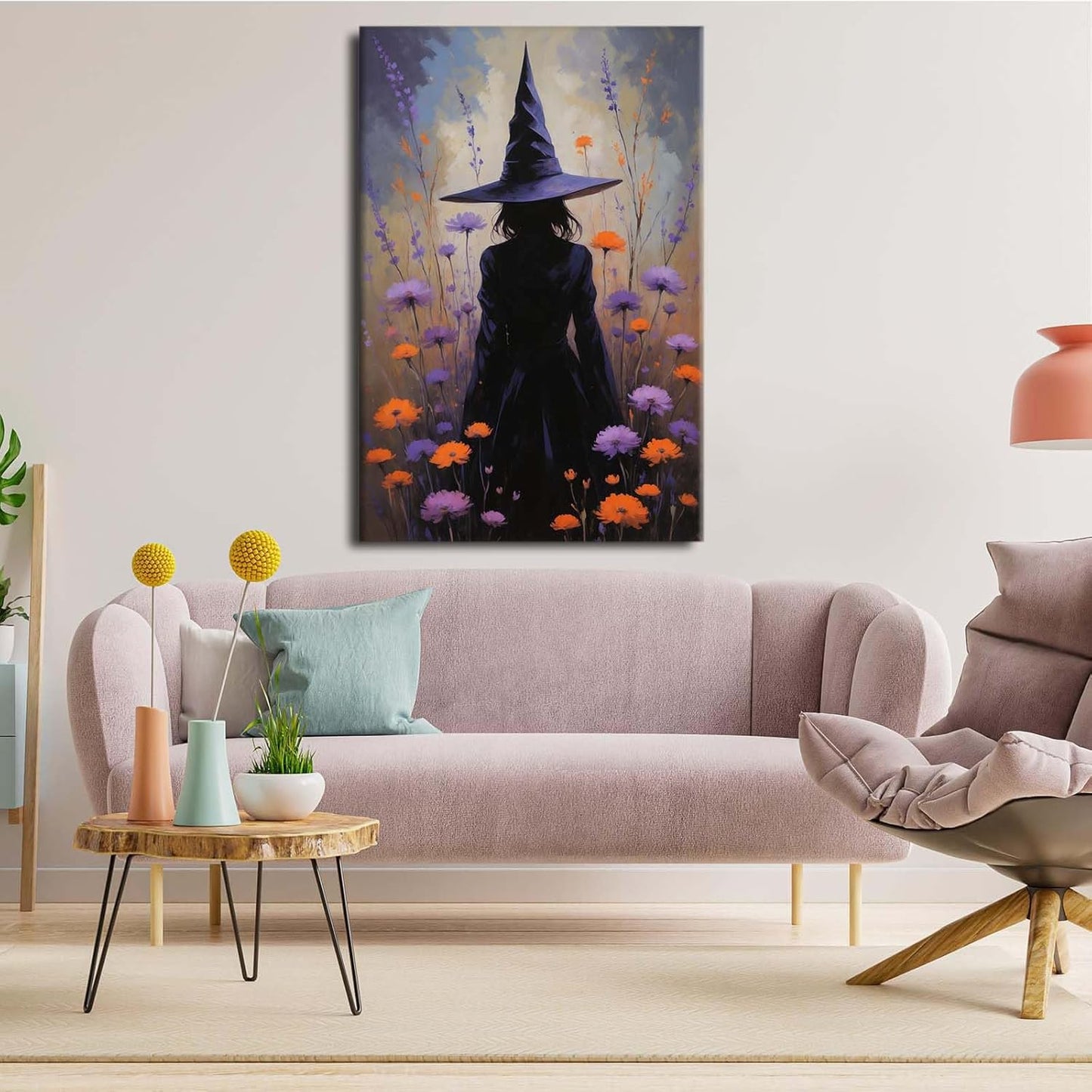 JFHCQJPK Country wildflower witch canvas print halloween mashup art witch purple decoration bohemian elegant art poster16x24in Frameless