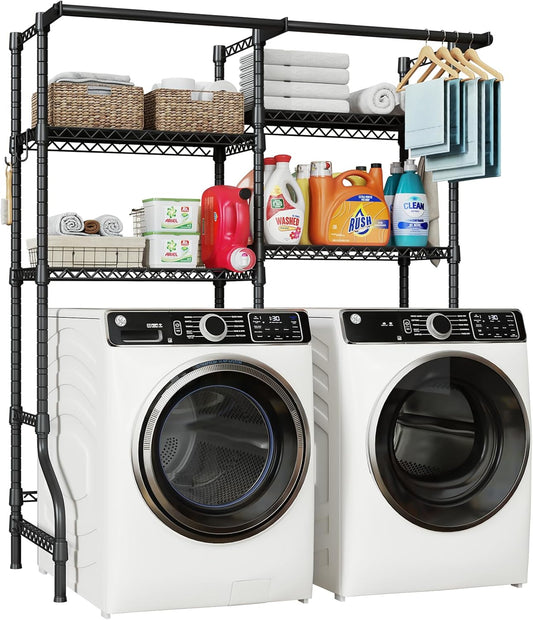 U14 Over Washer and Dryer Storage Shelves, 4 Tiers Laundry Room Storage and Organizer System, Space Saving Clothes Drying Rack with 2 Clothes Hanger Rods, 66.5" W x 20.5" D x 77.4" H, Black