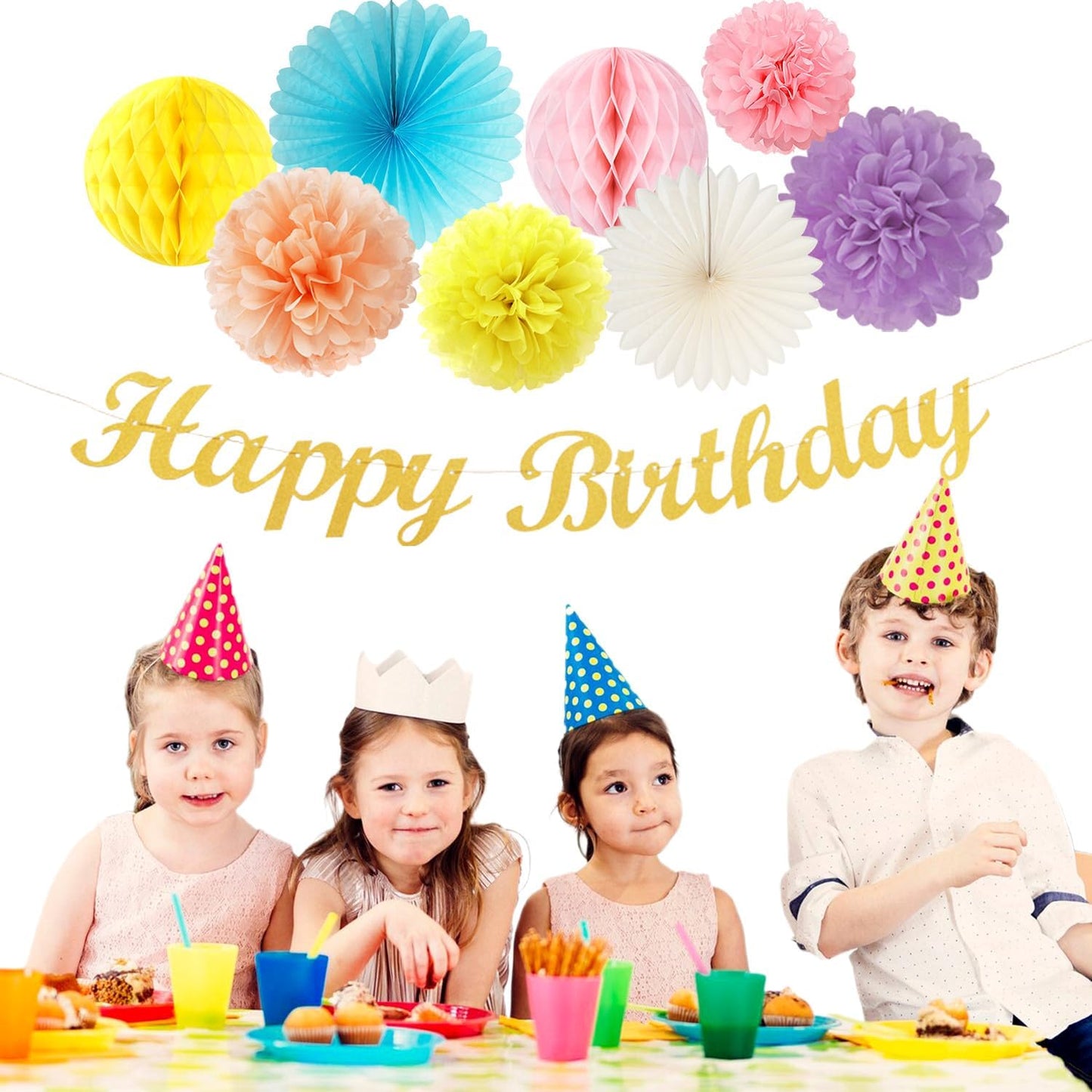 Pastel-Rainbow Colorful Birthday Party-Decorations Paper-Flowers - 14pcs Happy Banner Carnival Theme Lanterns Tissue Pom Poms,Macaron Streamers Garland Fans Honeycomb Hanging Supplies Decor Hugfond