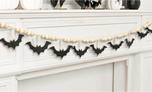 Halloween Garland, Farmhouse Wood Bats and Bead Garland for Halloween Decorations, Bat Banner for Wall Home Indoor Outdoor Black Halloween Decor Supplies