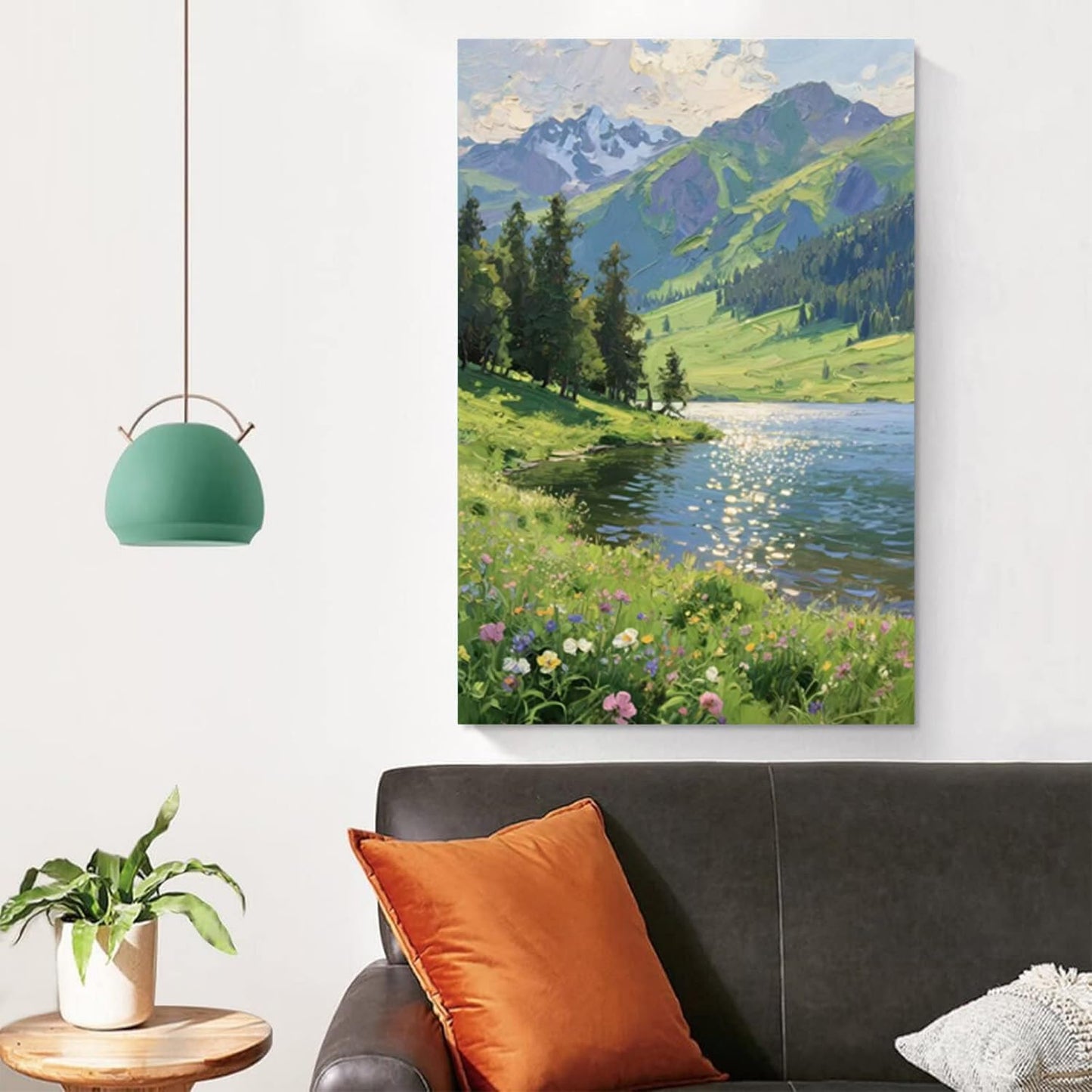 The scenery of mountain streams and green meadows is suitable for living rooms bedrooms offices landscape posters and wall paintings