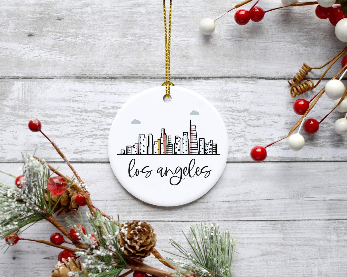 Andaz Press Round Ceramic Porcelain Christmas Tree Ornament Keepsake Gift, Los Angeles, Colorful City Skyline Graphic, 1-Pack, Birthday Ideas Family Coworker Him Her, Includes Gift Box