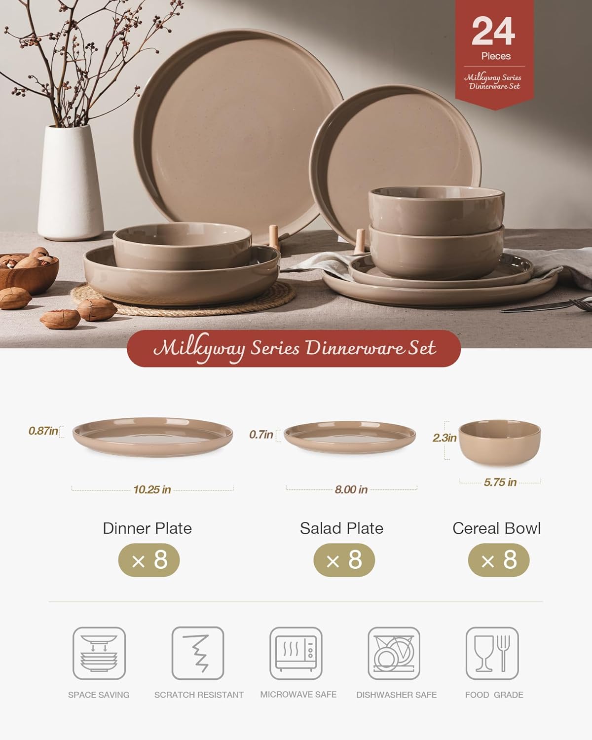 Famiware Milkyway Dinnerware Sets, 24 Piece Dish Set, Plates and Bowls Sets for 8, Cinnamon Brown
