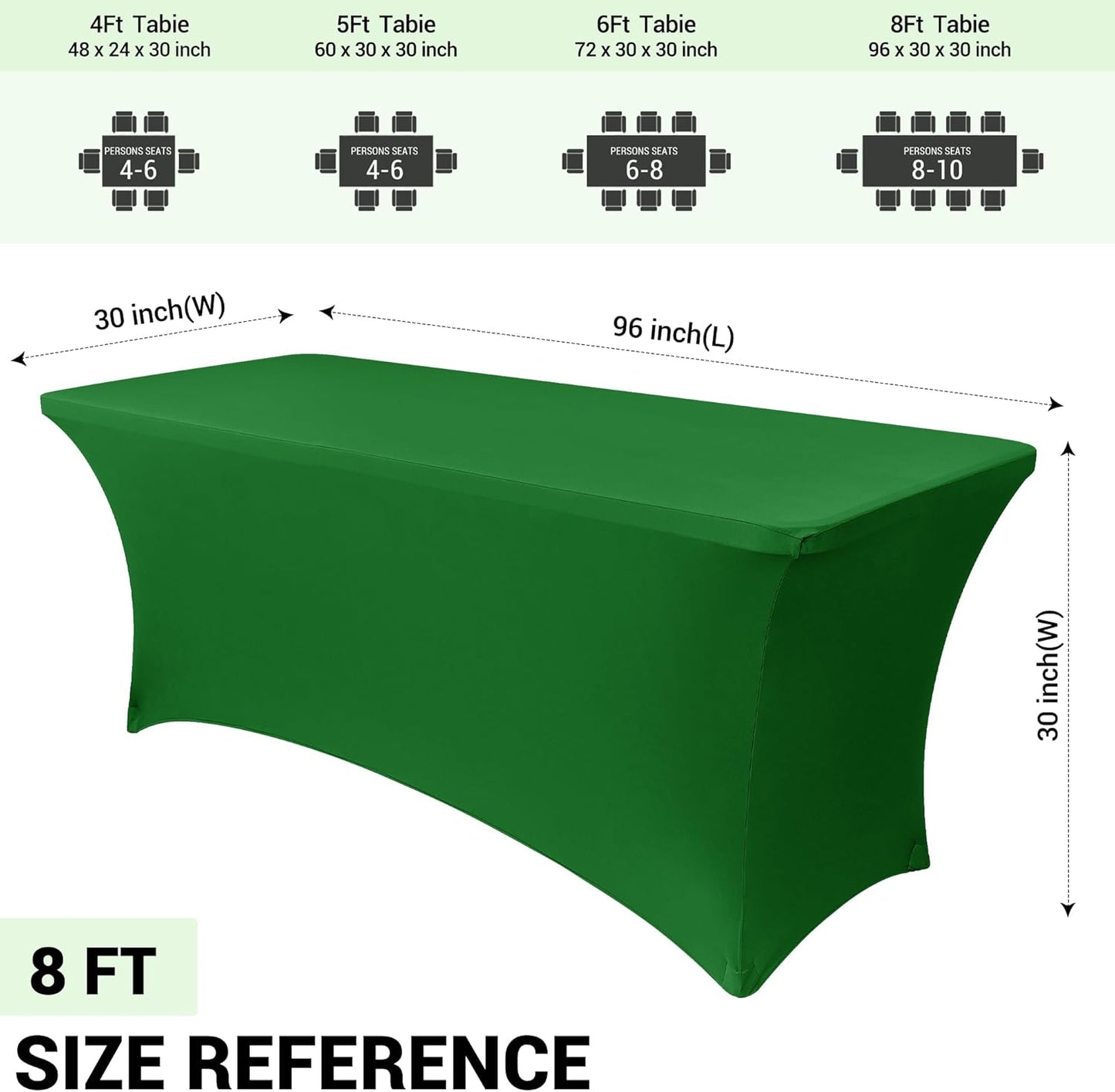 Obstal 8Ft Stretch Spandex Table Cover for Standard Folding Tables - 2 Pack Universal Rectangular Fitted Tablecloth for Party, Banquet, Events, Trade Show (Emerald Green, 96L x 30W x 30H Inches)