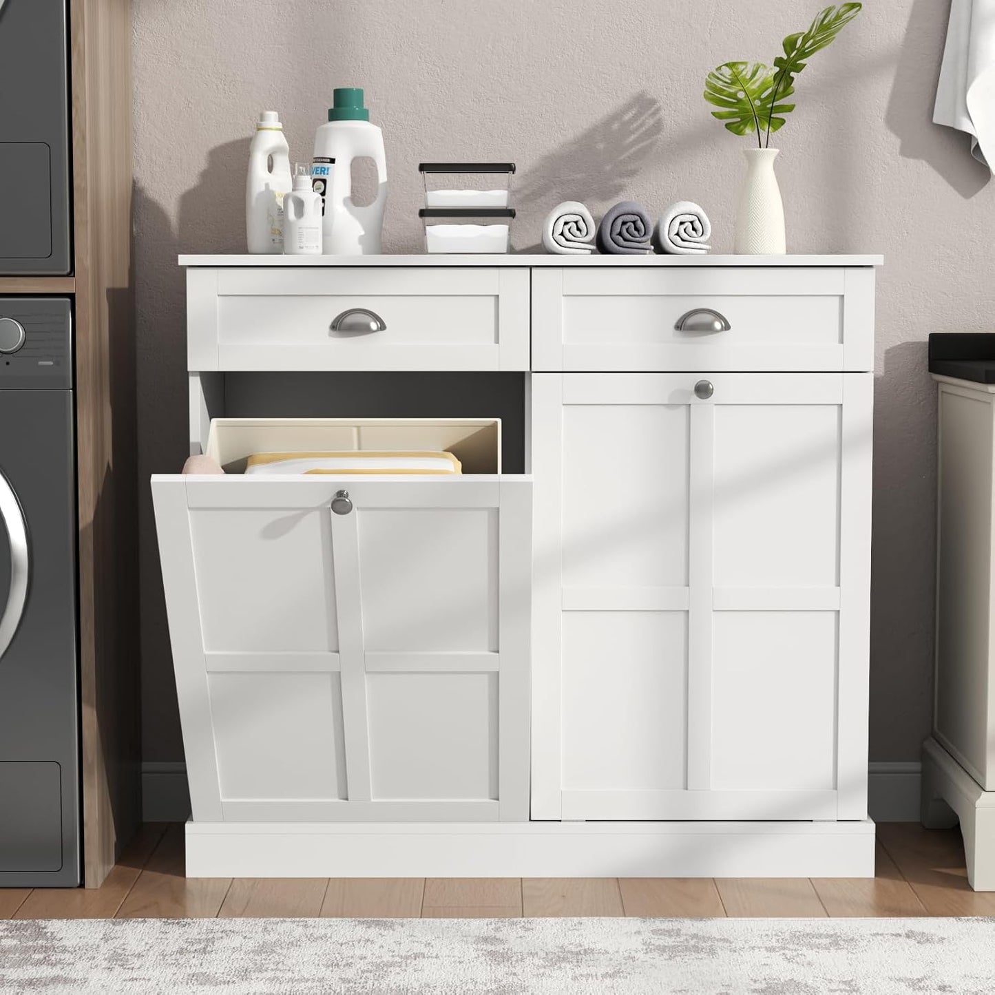 Loomie Double Tilt Out Laundry Hamper Cabinet, Hidden Laundry Cabinet with 2 Drawers & 2 Baskets, 30 Gallon Trash Can for Bathroom, Kitchen, White