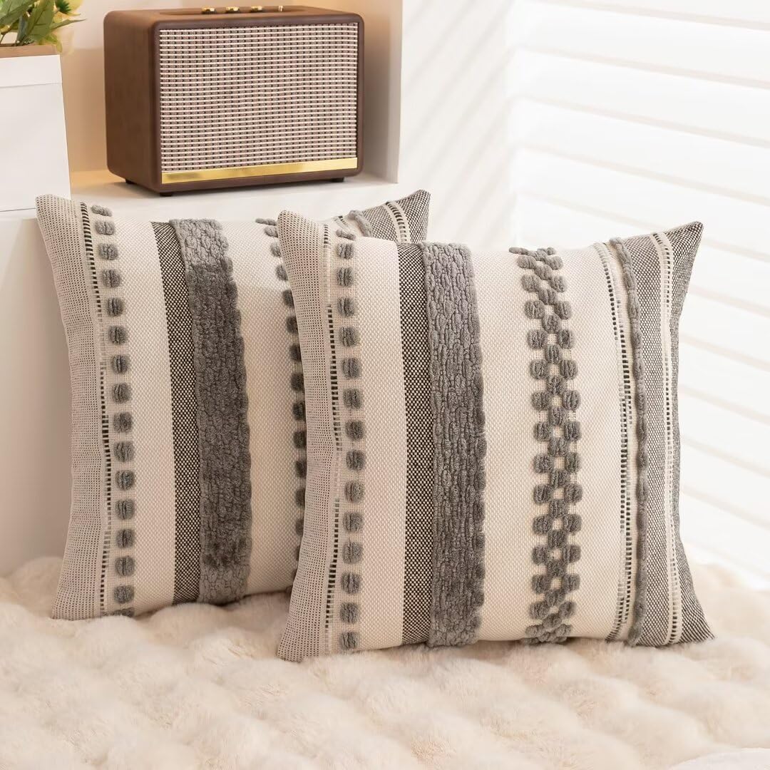 Boho Throw Pillow Covers 18x18 Set of 2 Farmhouse Decorative Cushion Case Striped Square Pillows Cover Chenille Pillow Cases Accent Neutral Pillowcase for Sofa Couch Bed,Gray