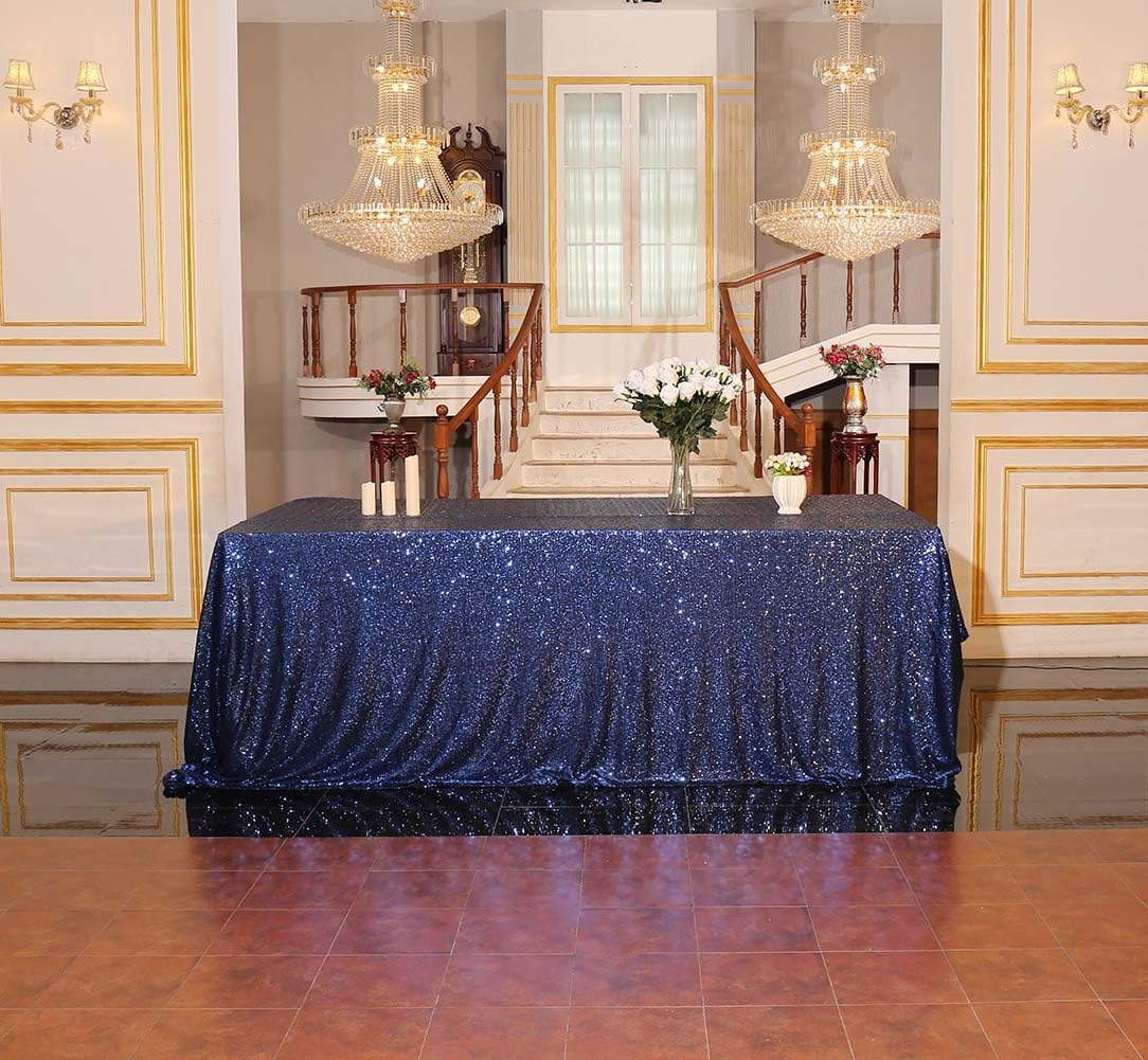 SquarePie Sequin Tablecloth Rectangular 90 x 132 Inch Navy Blue Bling Sparkly Table Linen for Wedding Party