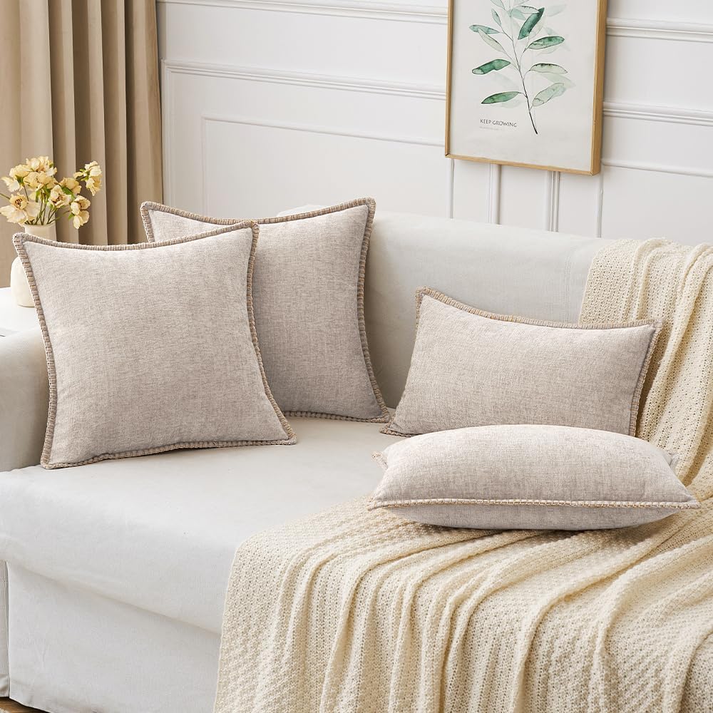 MIULEE Pack of 2 Couch Throw Pillow Covers 18x18 Inch Light Brown Farmhouse Decorative Pillow Covers with Stitched Edge Soft Chenille Solid Dyed Pillow Covers for Sofa Bed Living Room