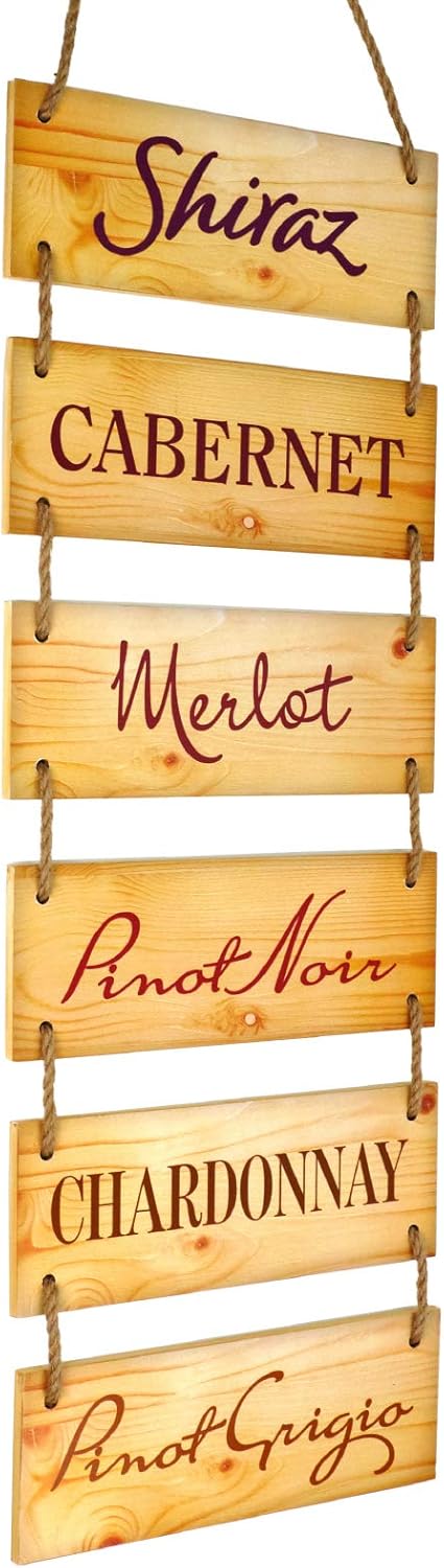 EXCELLO GLOBAL PRODUCTS Large Hanging Wall Sign: Rustic Wooden Decor (Shiraz, Cabernet, Merlot, Pinot Noir, Chardonnay, Pinot Grigio) Hanging Wood Wall Decoration (11.75" x 32")