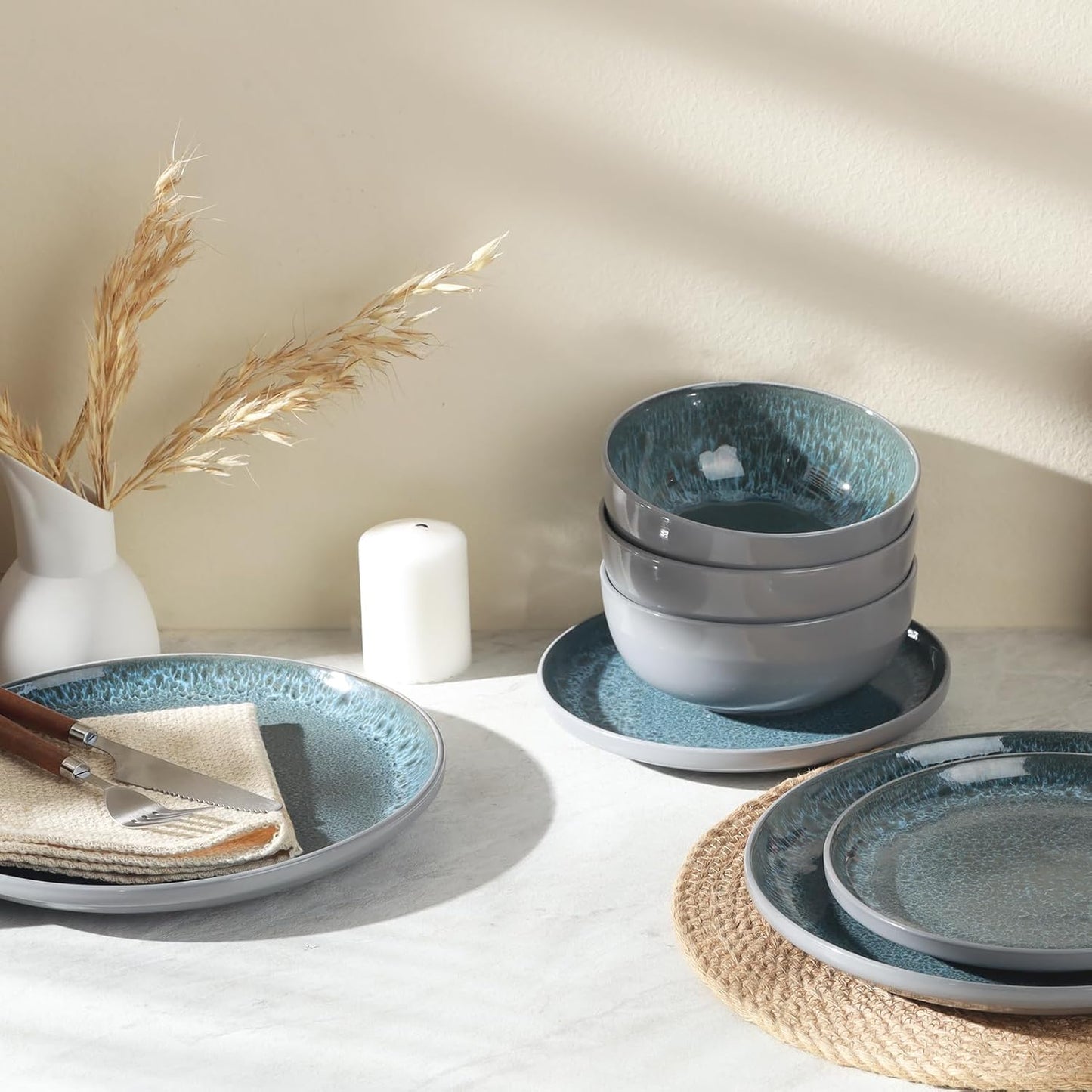 CQN&ZXD Ceramic Plates and Bowls Sets, 12 Pieces, Hand-Crafted Dishes set for 4 with Flowing Reactive-Glaze, Microwave & Dishwasher Safe Dinnerware Sets, Modern Style, Elegant Grey & Wave Blue