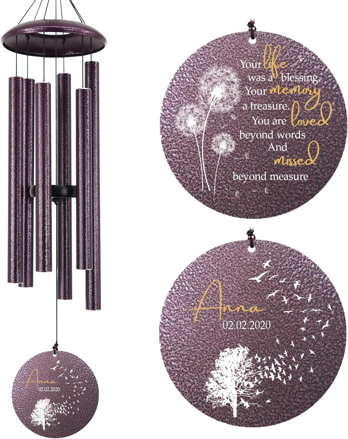 Sympathy Wind Chimes, Personalized Wind Chime for Loss of Loved Ones, Customized Tree Bird Wind Chimes, Commemorative Wind Chime Deep Tone (36inch)