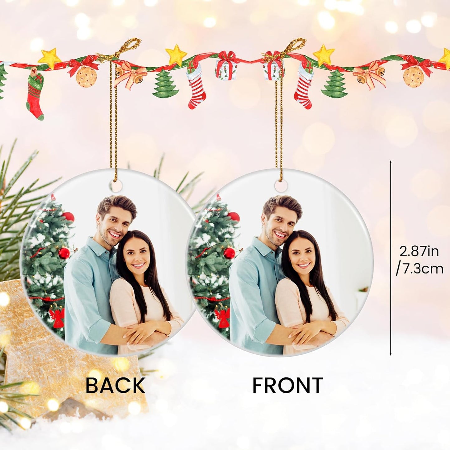 4 Pack Personalized Christmas Ornaments 2025 Ceramic Custom Photo Text Hanging Ornament for Christmas Tree Decorations, First Christmas Engaged/Married, New Home, Baby's First Christmas, Memorial