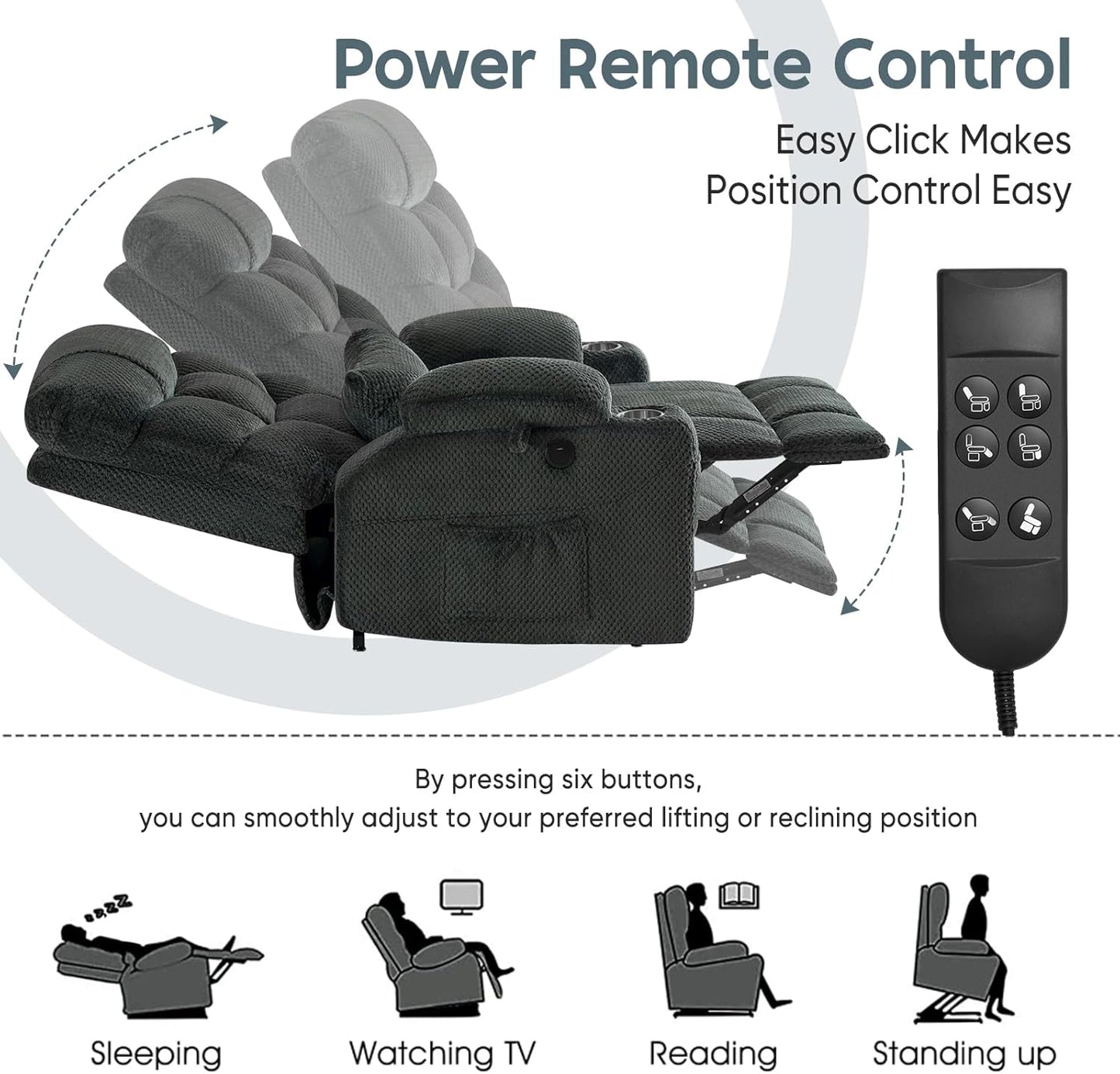 Oversized Dual Motor Lay Flat Power Lift Recliner Chair with Massage, Heating, Lumbar Pillow, USB & Type-C Ports, Textile Lift Chair Recliner, Large Recliner for Big & Elderly People - Grey