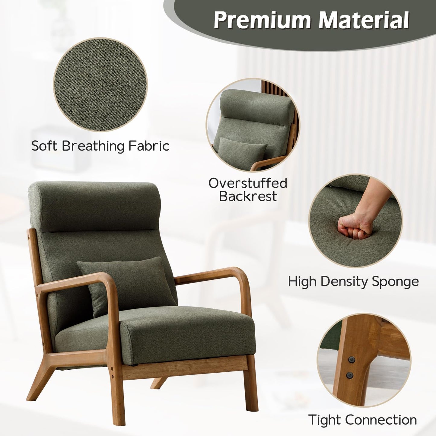 INZOY Mid Century Modern Accent Chair Set of 2, High Back Reading Armchair with Wood Frame, Upholstered Living Room Chairs with Waist Cushion, Single Lounge Arm Chair for Bedroom Sunroom, Green