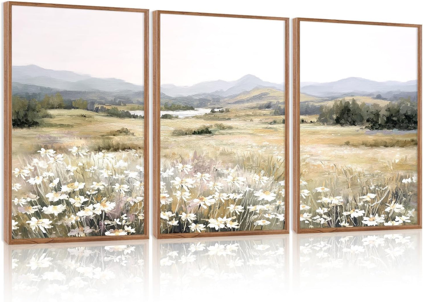 KAIRNE Landscape Canvas Wall Art,Boho Floral Prints Set of 3(16”X24”),Flower Garden Paintings,Wildflower Field Scene Wall Decor,Botanical Art for Living Room Bedroom Kitchen Farmhouse Decor,Framed