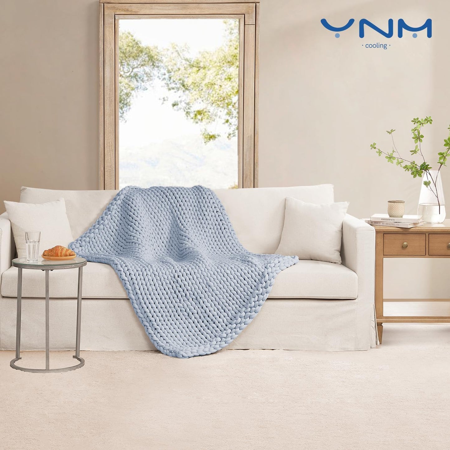 YnM Cooling Chunky Throw Blanket, Medium-Weight, Hand Knitted, Skin Friendly, Ventilated and Breathable, Machine Washable, Home Décor Piece for Couch, Sofa and Bed (Azure Blue, 60x80 Inch)