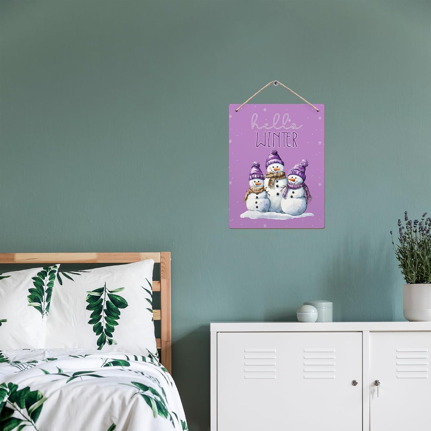 Purple Hello Winter Snowman Hanging Wooden Signs 10x8, Snowman Winter Signs, Winter Door Sign, Purple Snowman Winter Snowflakes Home Room Office Hanging Wall Decor