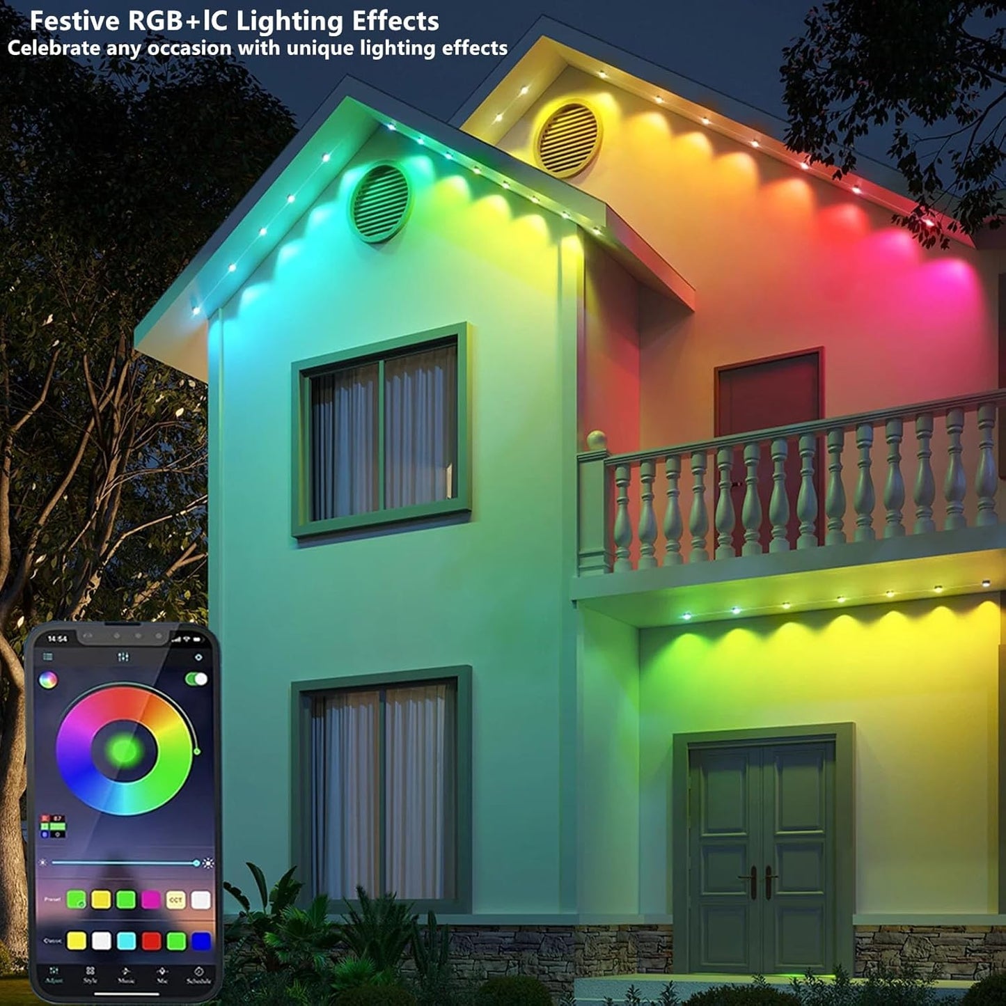 Permanent Outdoor Lights,300ft RGB + IC Smart LED Eaves Lights with App & Remote Control, IP67 Waterproof,for Christmas and All Holiday Decor,Daily and Accent Lighting,House Roof and Garden Lighting