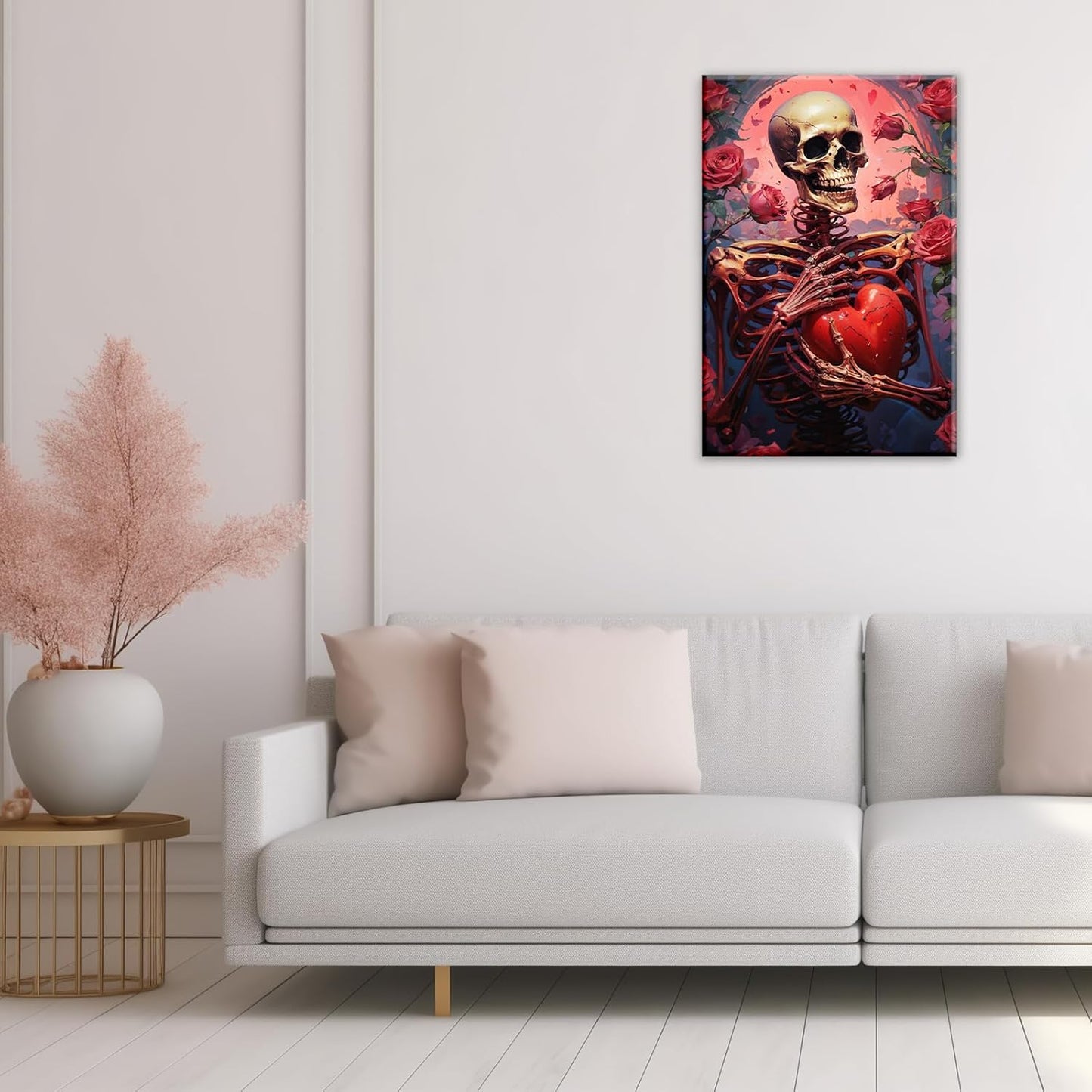 OAAPITI Skull Skeleton Canvas Wall Art Skull Holding Heart Picture Print Romantic Theme Painting Artwork Gothic Poster Wall Decor Living Room Halloween Decor(Artwork-1,16"x24")