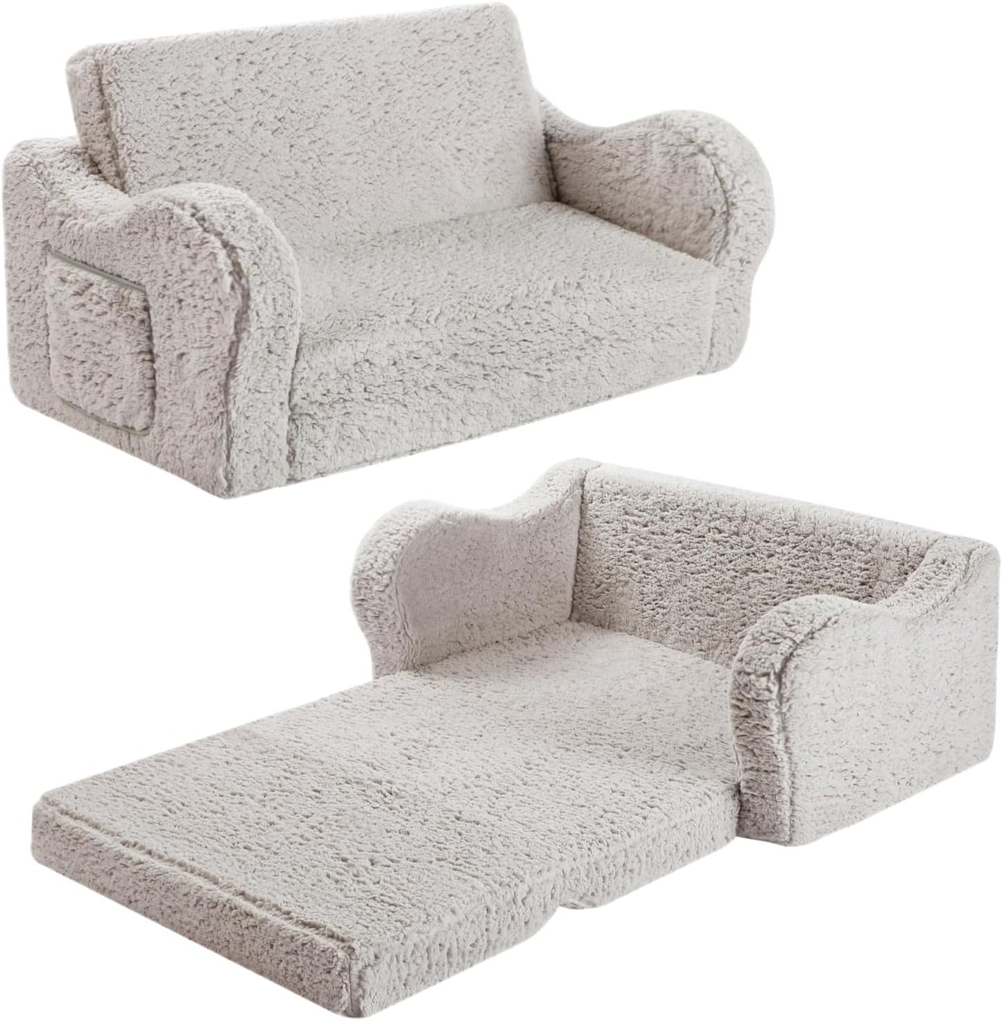 Kids Extra Wide Chairs for Toddler, 2-in-1 Toddler Soft Sherpa Couch Fold Out, Convertible Sofa to Lounger for Girls and Boys, Grey