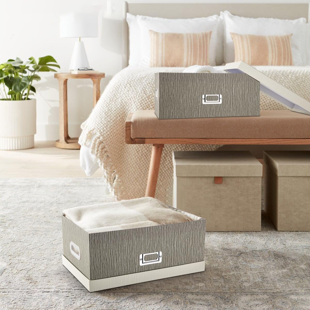 Briful Set of 2 Decorative Storage Boxes with Lids – Gray & White Nesting Organizer Bins, 14'' + 13'' Set Rectangular Fabric Covered Cardboard Boxes for Office, Closet, or Home Decor