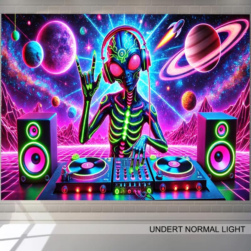 BlissYard Aliens Tapestry 78x59 Inch Blacklight DJ Aliens Tapestry Alien Tapestry for Men Guys Bedroom UV Reactive Alien Wall Tapestry Hanging Art Tapestry Room Decor Aesthetics Party Poster Banner