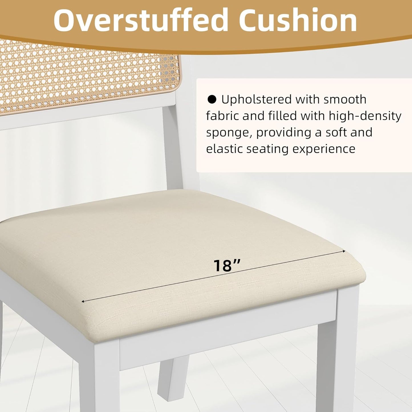 Westice Rattan Dining Chairs Set of 2, Farmhouse Natural Dining Room Chairs with Upholstered Cushion, Wood Armless Chairs for Kitchen/Restaurant, White