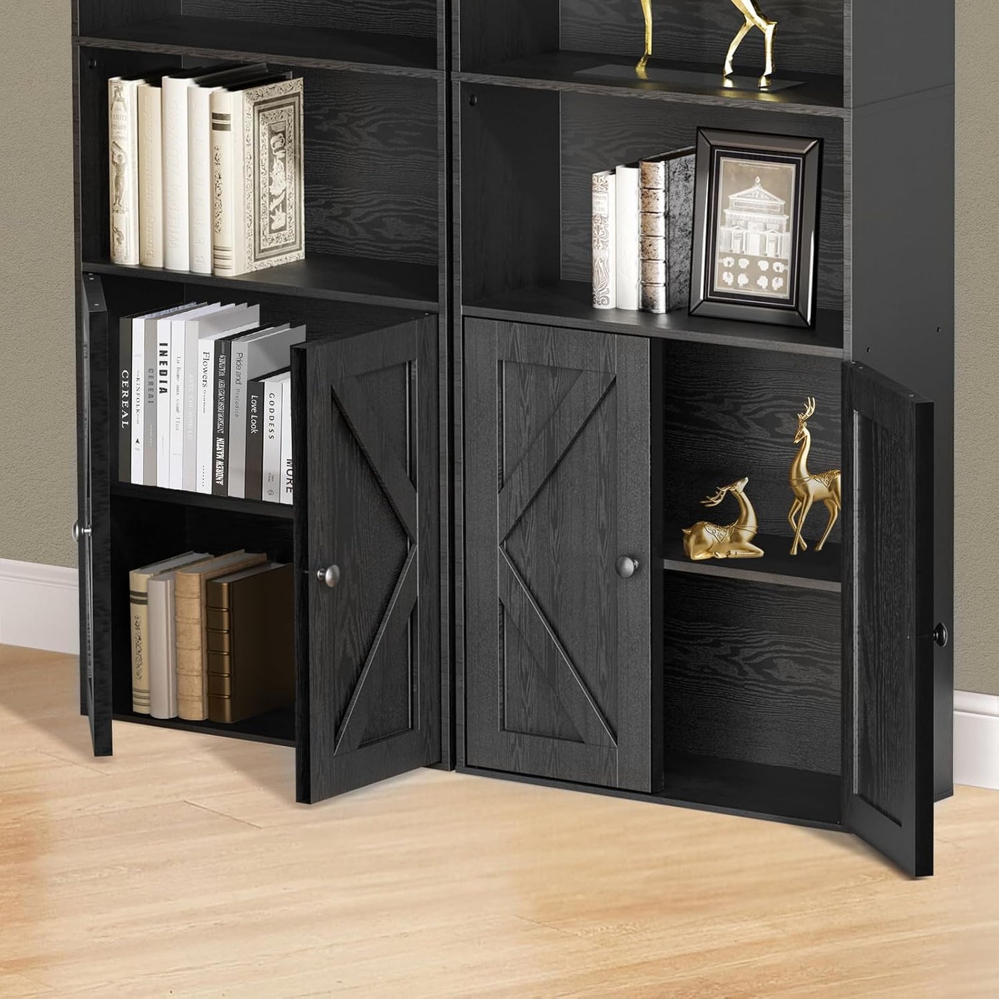 Tall Wooden Bookshelf with Cabinet and Doors – 70.86” Freestanding Tall Bookcase for Heavy Books, Living Room Storage, Home Office Shelf, Bedroom Organization – Vintage Black Wood Book Shelf