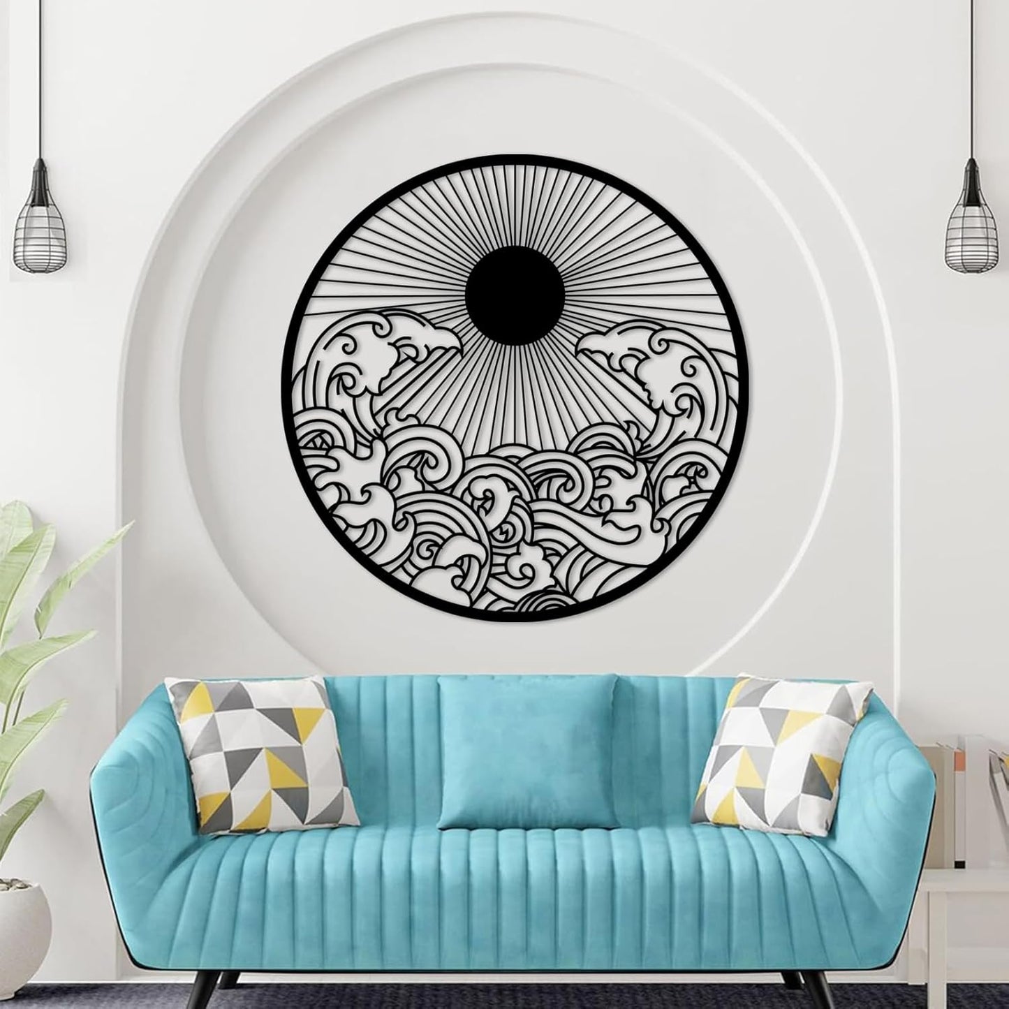flyoak Metal Sun Wall Decor Outdoor, Sunrise Metal Wall Art, Metal Wave Wall Art, Sunrise and Wave Wall Decor, Sunburst Wall Art, Sunset Wall Art, Wall Hangings for Bedroom (White, 39x39in|100x100cm)