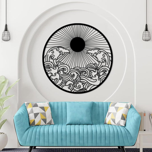 flyoak Metal Sun Wall Decor Outdoor, Sunrise Metal Wall Art, Metal Wave Wall Art, Sunrise and Wave Wall Decor, Sunburst Wall Art, Sunset Wall Art, Wall Hangings for Bedroom (Black, 24x24in|60x60cm)