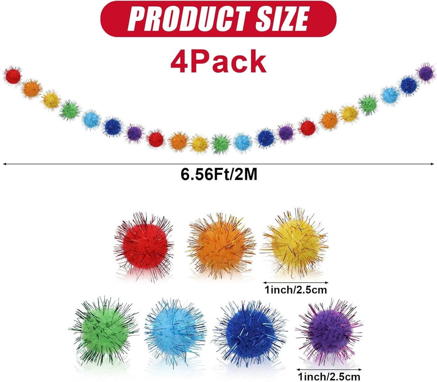 4pack Rainbow Glitter Pom Pom Garland Decorations, Christmas Felt Ball Garland for Mantle, Indoor Home Decor, Tree Ornaments, Kids Room and Party Hanging