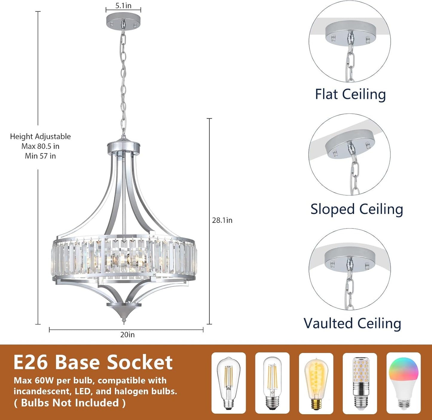 Modern Chrome Crystal Chandelier, 20 Inch Large Ceiling Pendant Light Fixture with 50'' Adjustable Hanging Chain, 5-Light Farmhouse Chandelier for Dining Room, Living Room, Bedroom, Entryway