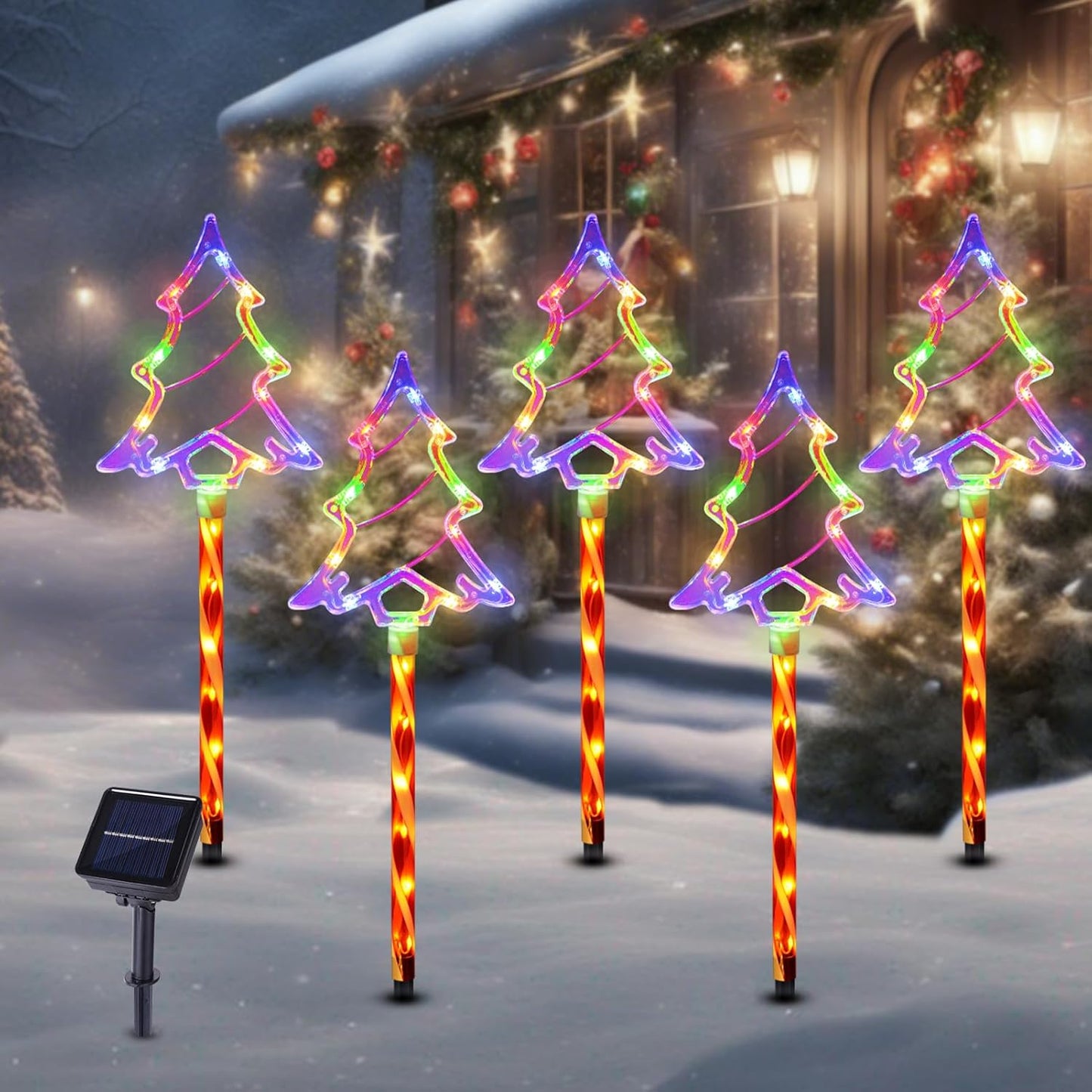 Christmas Solar Pathway Lights Outdoor Decorations， 8 Modes Xmas Tree Candy Lights Waterproof Led Garden Stake Light for Walkway Yard Lawn Porch Holiday Decor 5-Pack (Multicolor Tree, 5 Pack)