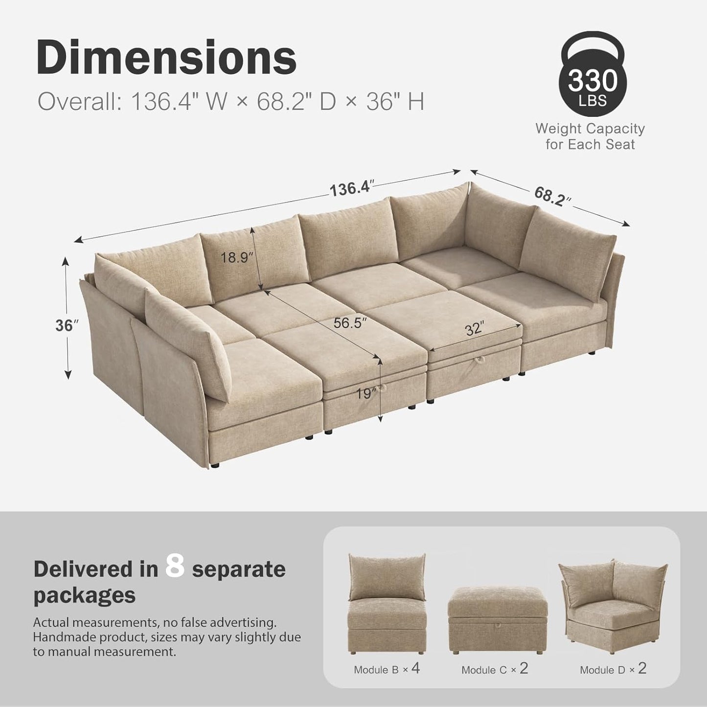 136.4" Oversized Modular Sectional Sleeper Sofa Bed, U Shaped Convertible Couch with Movable Ottoman, Large 8 Seat Corner Couches for Living Room Deep Seat Beige Chenille