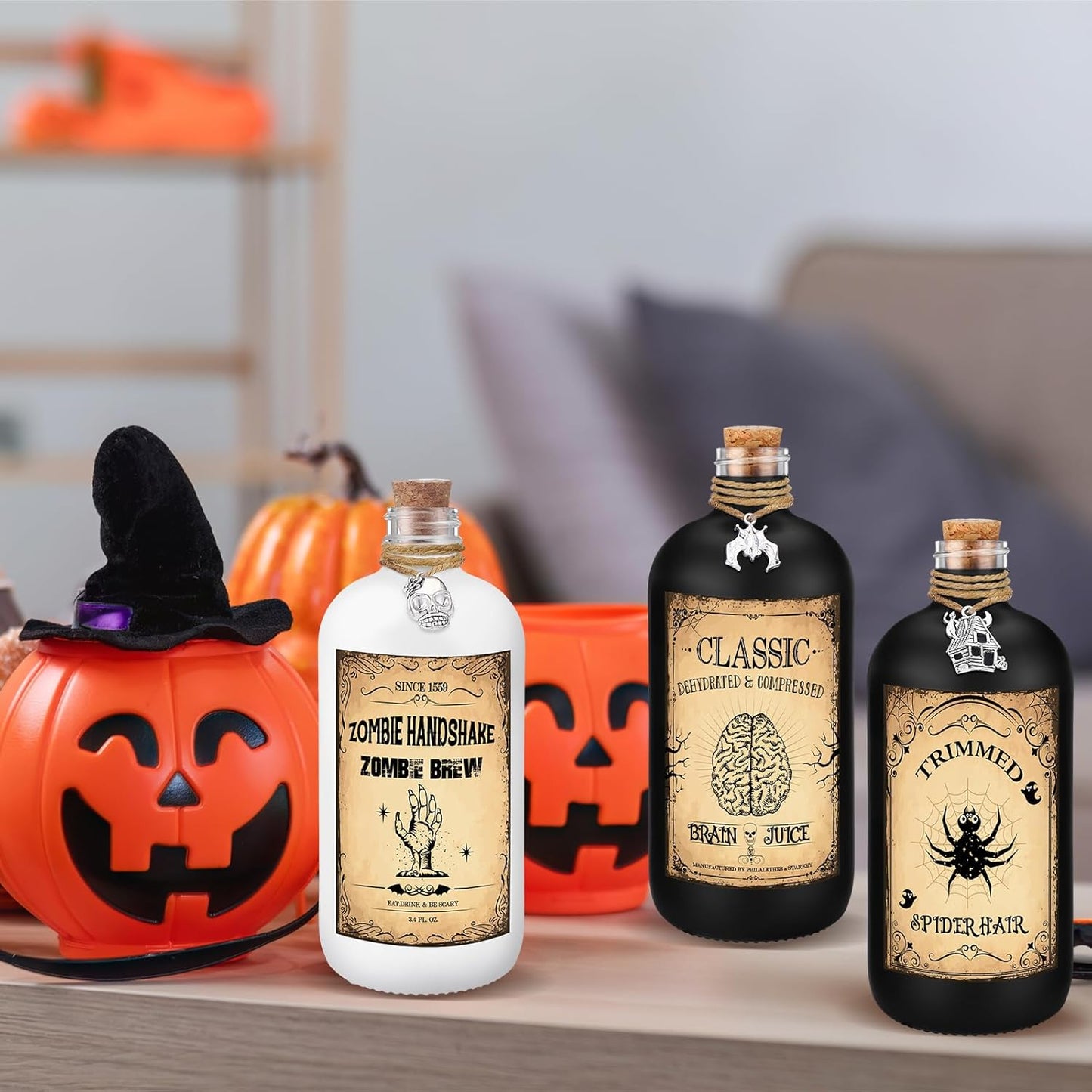 Uiifan 31 Pcs Halloween Potion Bottles Set Including Glass Apothecary Bottles with Cork Stickers and Pendants Halloween Decorations Indoor Party Supplies(White, Black,8.5 oz)