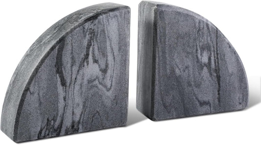Marble Bookend for Shelves, Non-Skid Bookends for Heavy Books, Heavy Duty Book Stopper for CDs, Luxury Book Shelf Holder, Quarter Circle Design Book Ends Decorative, Monte Grigio, Set of 2