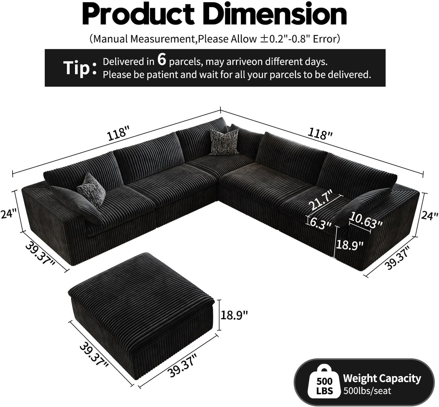 118" Cloud Couch Oversized Modular Sectional Sofa for Living Room,Modern Sofa with Deep Seat，6 Seater Boneless Couch,Comfy Upholstered Corduroy Couches for Apartment, Studio, Office,Bedroom，Black