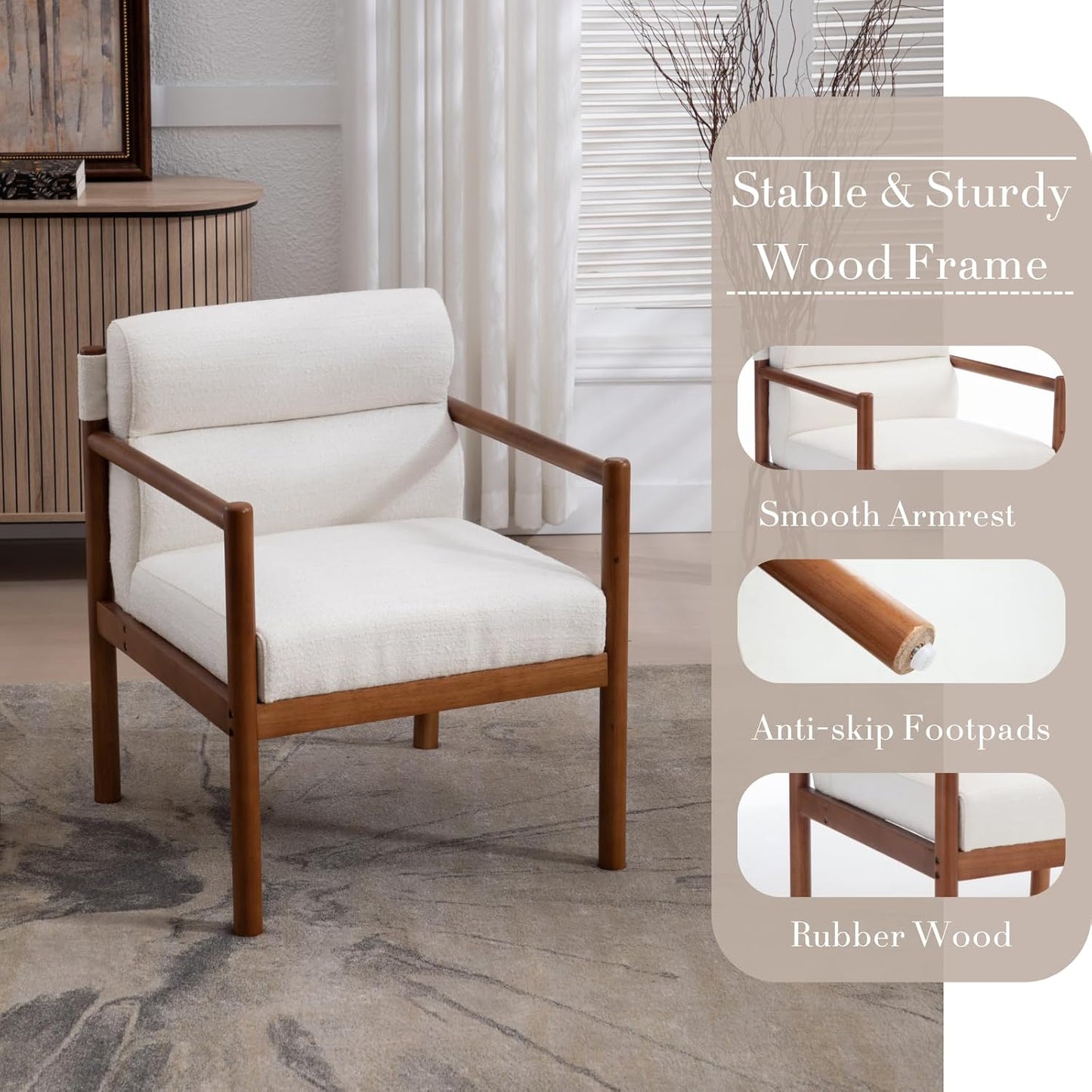 Modern Living Room Chairs Set of 2, White Upholstered Accent Chairs with Channel Tufted Back, Brown Wood Lounge Reading Arm Chairs, Linen Fabric Side Sitting Chairs for Guest Room, Balcony