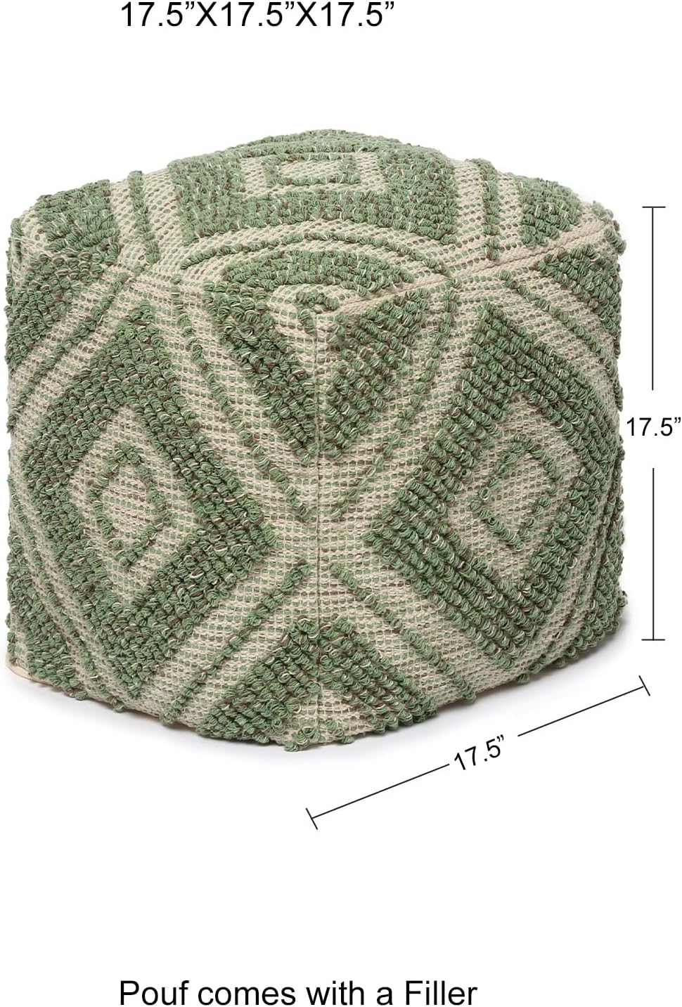 REDEARTH · Tufted Pouf Ottoman with Filler Textured Storage Cube Bean Bag Pouffe Footrest for Living Room, Bedroom, Nursery, Kidsroom; 100% Cotton (17.5"X17.5"X17.5", Solitaire Lozenge Kiwi)