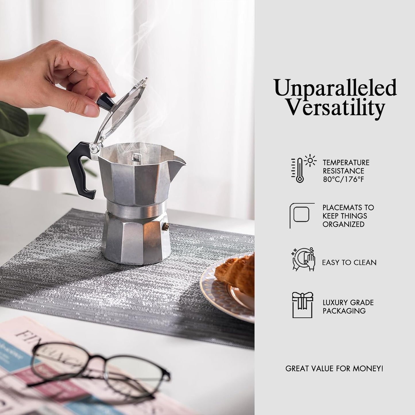 Placemats Set of 12 - Easy Clean Woven Vinyl Placemat for Dining Table, Indoor/Outdoor Place Mats, Washable PVC Table Mats（Gray）