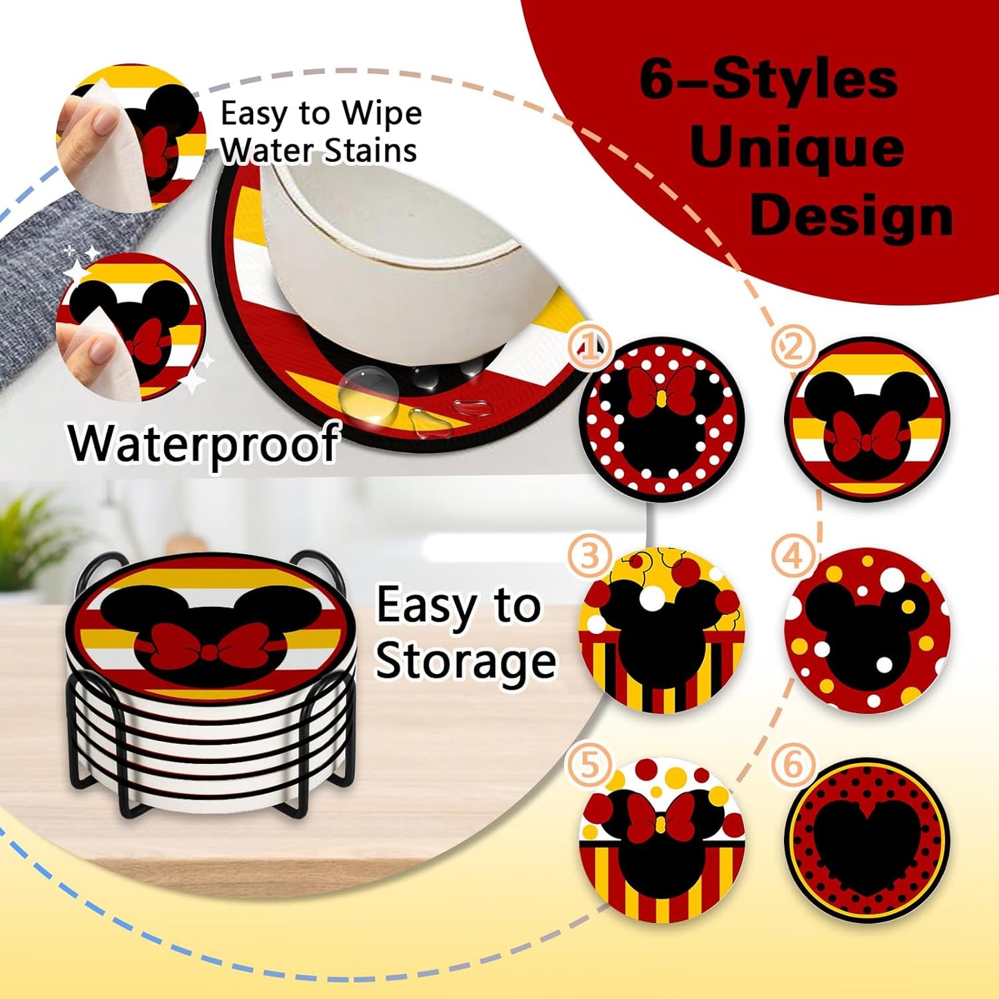 Cute Drink Coasters with Holder Set of 6, Red Yellow Absorbent Ceramic Cup Mat for Coffee Table Protection, 4 Inch Polka Dot Stripes Home Kitchen Decor Housewarming Gifts