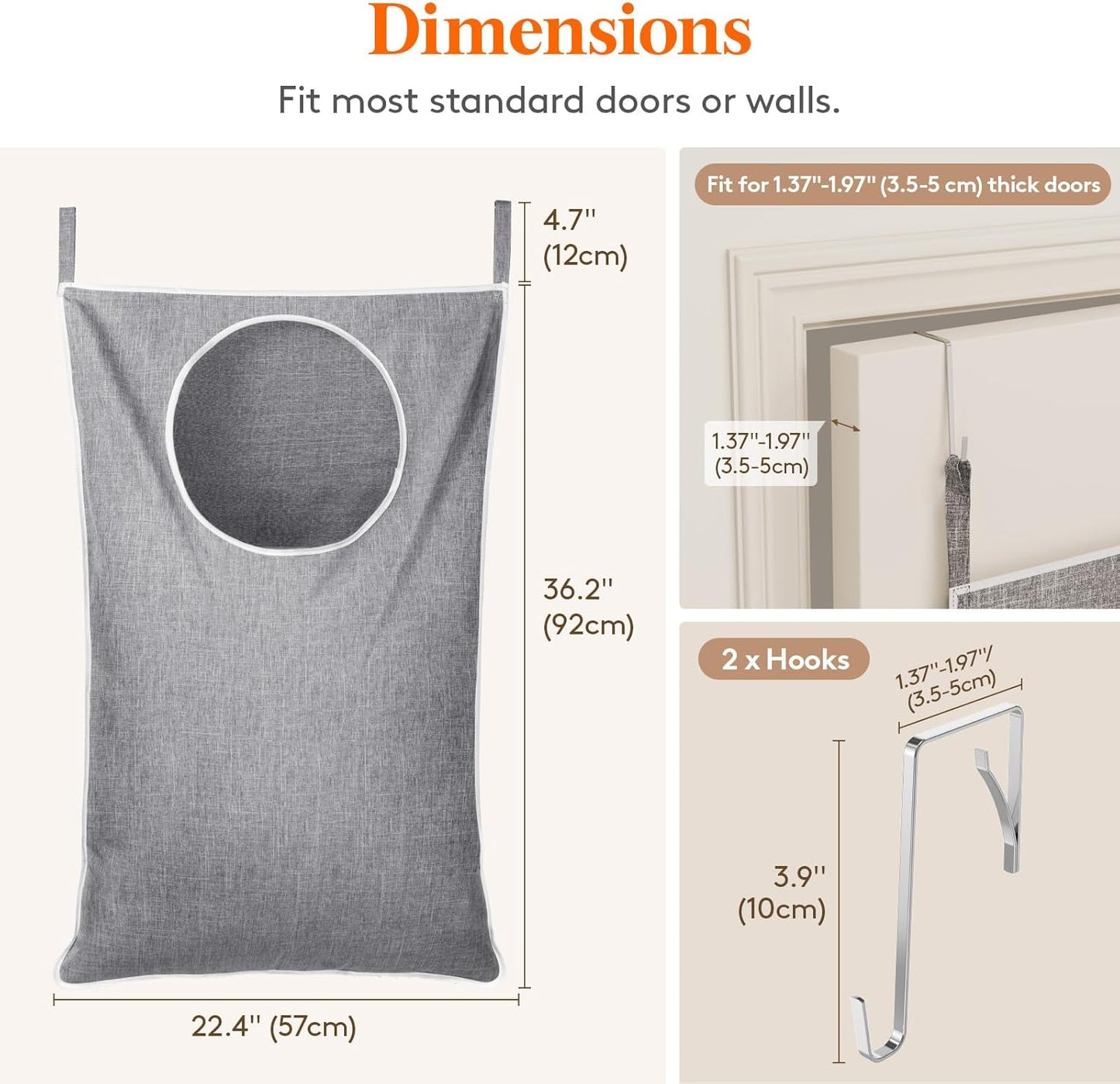 Lifewit Over Door Laundry Hamper, Large Collapsible Hanging Laundry Hamper, Hanging Laundry Basket Bag for Bathroom Bedroom Dirty Clothes Storage Organizer, Light Gray