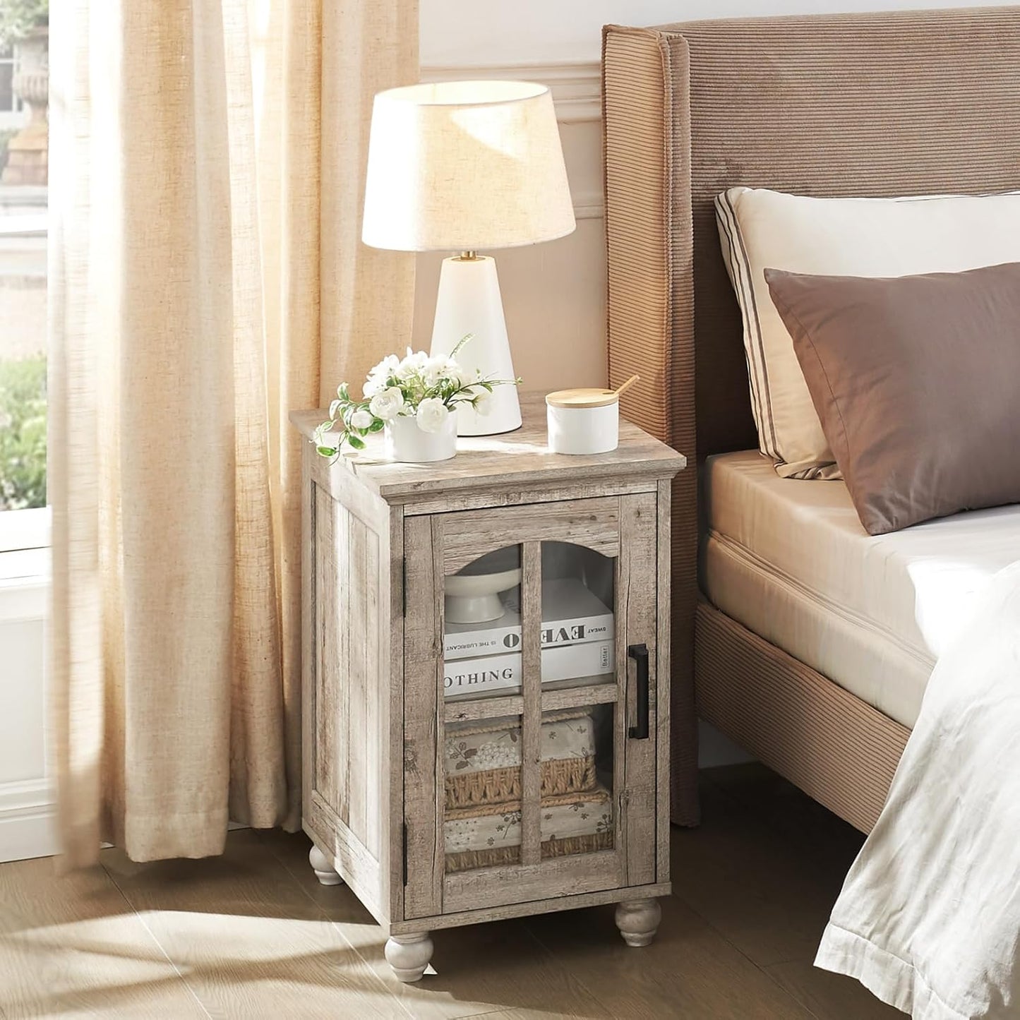 Narrow Side Table Set of 2,Farmhouse Nightstand with Charging Station,End Table with Glass Barn Door Storage, Cabinet Organizer with Adjustable Shelf, Night Stand for Small Spaces Living Room Bedroom