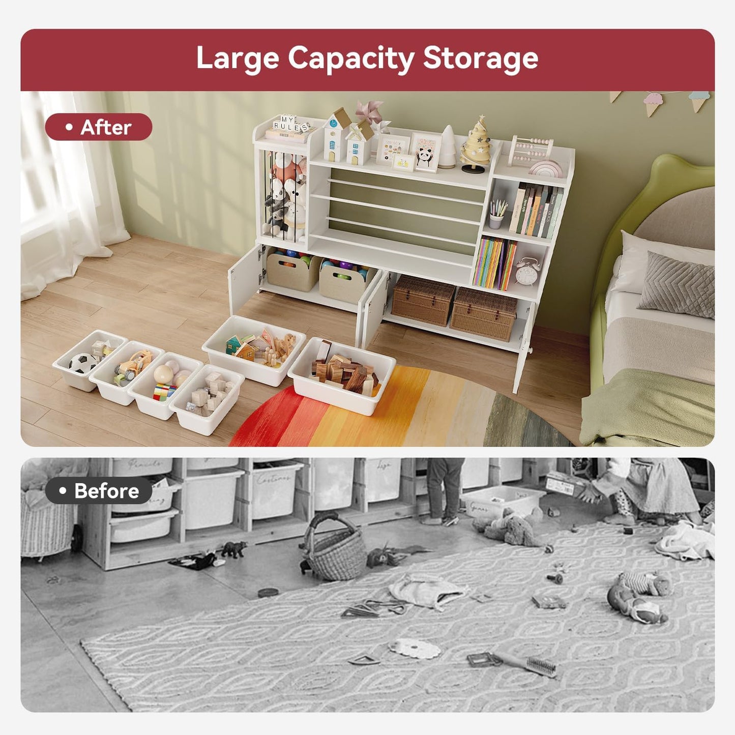 Treesland 55 Inch Large Kids Toy Storage Organizer, Kids Bookshelf Bookcase, Toy Storage Cabinet for Playroom, Bedroom Nursery