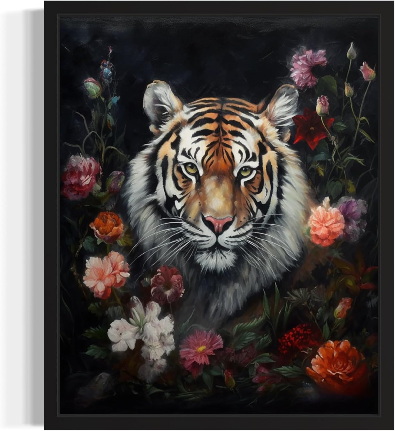 Tiger and Flower Poster Art Print, Halloween Scary Vintage Wall Art Academia Spooky Painting Decoration for Horror Prints, Gothic Posters Bedroom Decor 89 (Tiger and Flower, 16 x 20 inches, Unframed)
