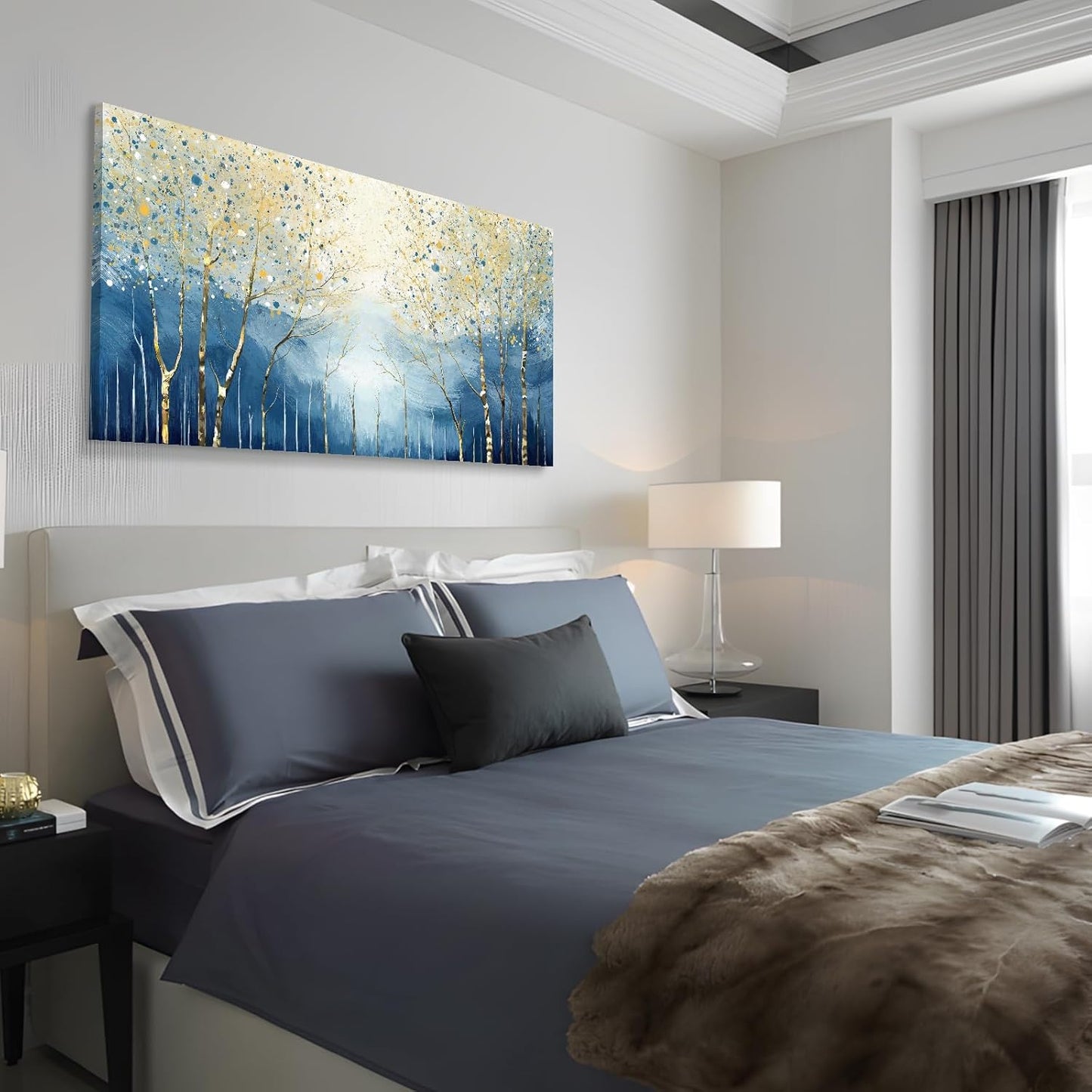 amatop Large Abstract Wall Art for Living Room Modern Tree of Life Canvas Art Print Nature-Inspired Navy Blue Wall Decor Landcape Artwork Birch Forest Picture Bedroom Office Dining Entryway 48x24 Inch