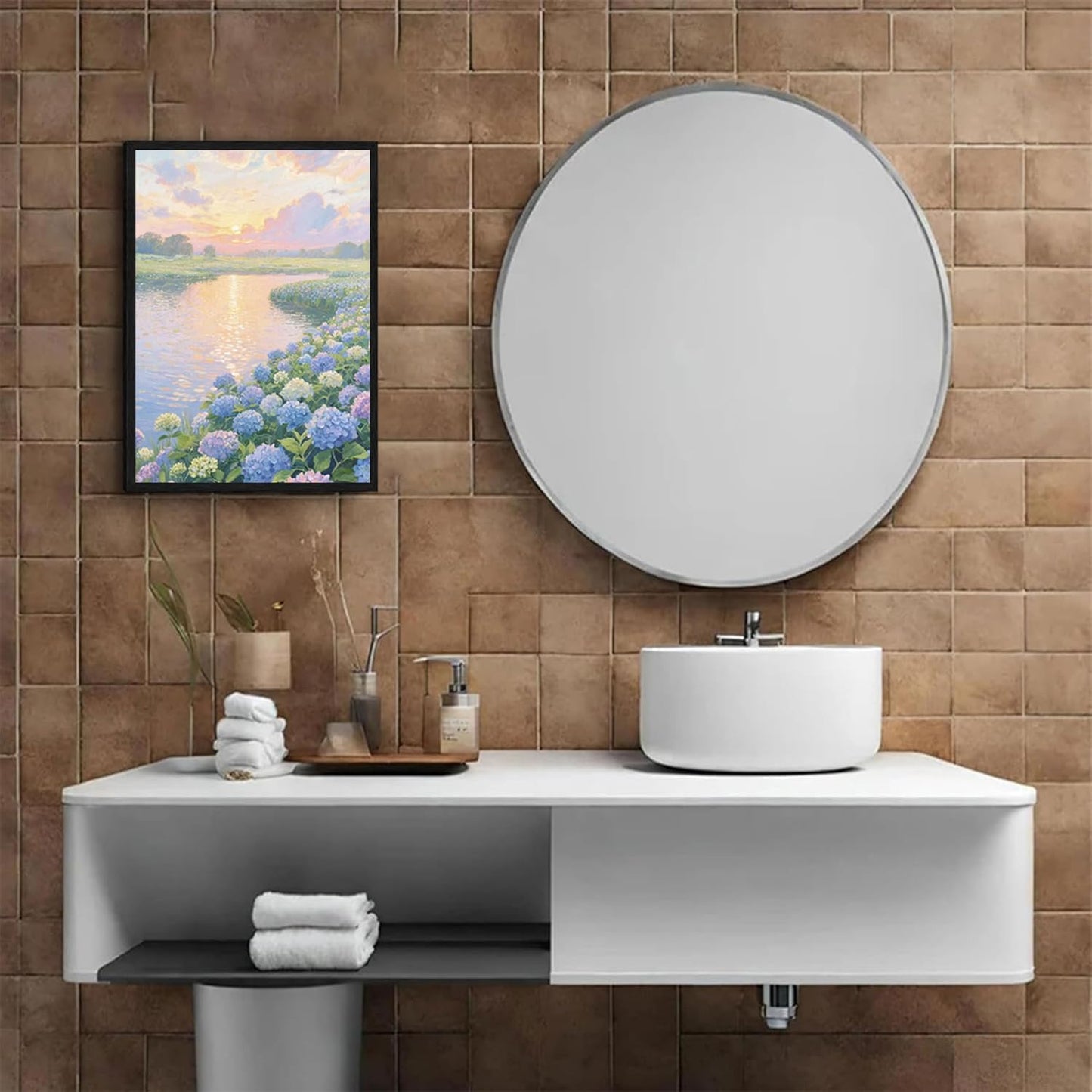 The hydrangea scenery all over the lake at sunset is suitable for posting in the living room bedroom office landscape poster wall painting