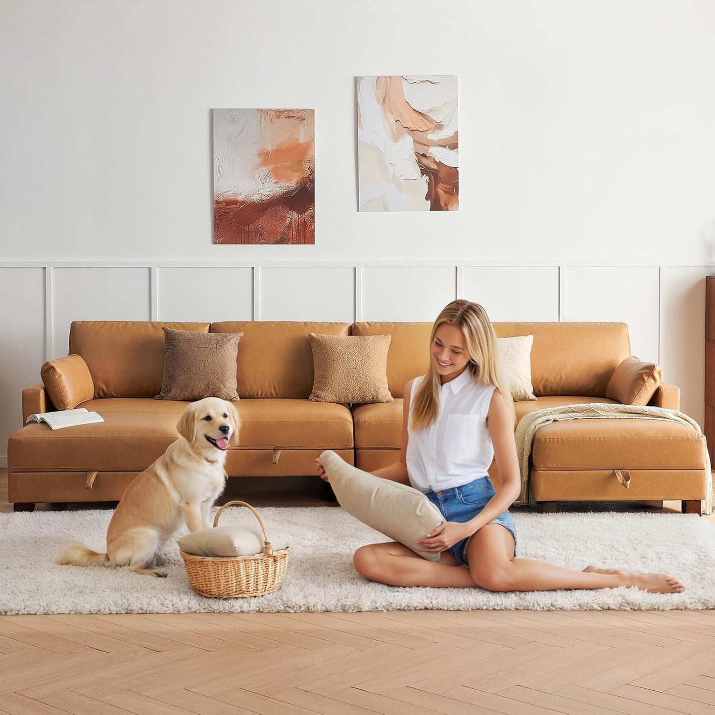 U-Shape Modular Sofa Couch 128" Modern 4-Seat Sofa with Chaises, Upholstered Sectional Couch with Wood Square Legs for House, Living Room, Reception Room, Apartment, Tan