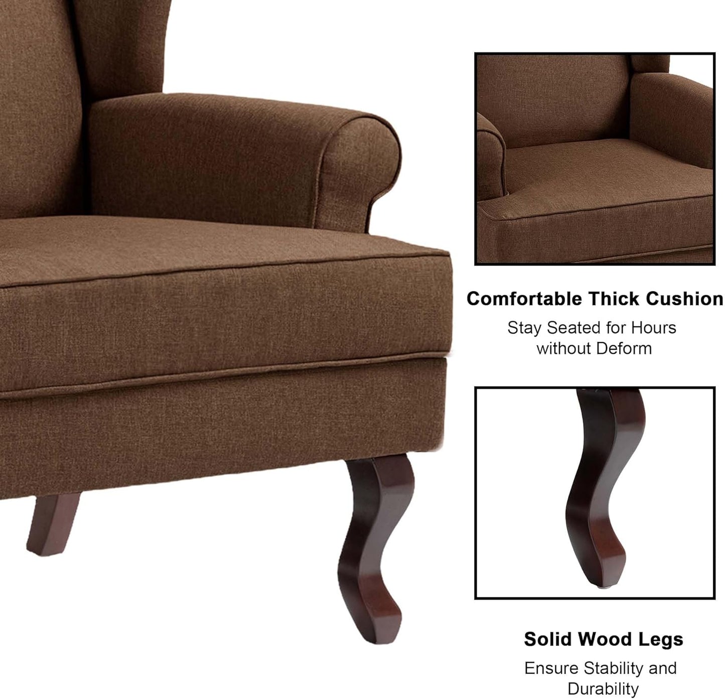 Accent Chair, High Back Upholstered Armchair with High Resilience Sponge & Wood Legs, Mid-Century Modern Comfy Single Sofa Reading Chairs for Living Room, Bedroom (Brown, Set of 1)